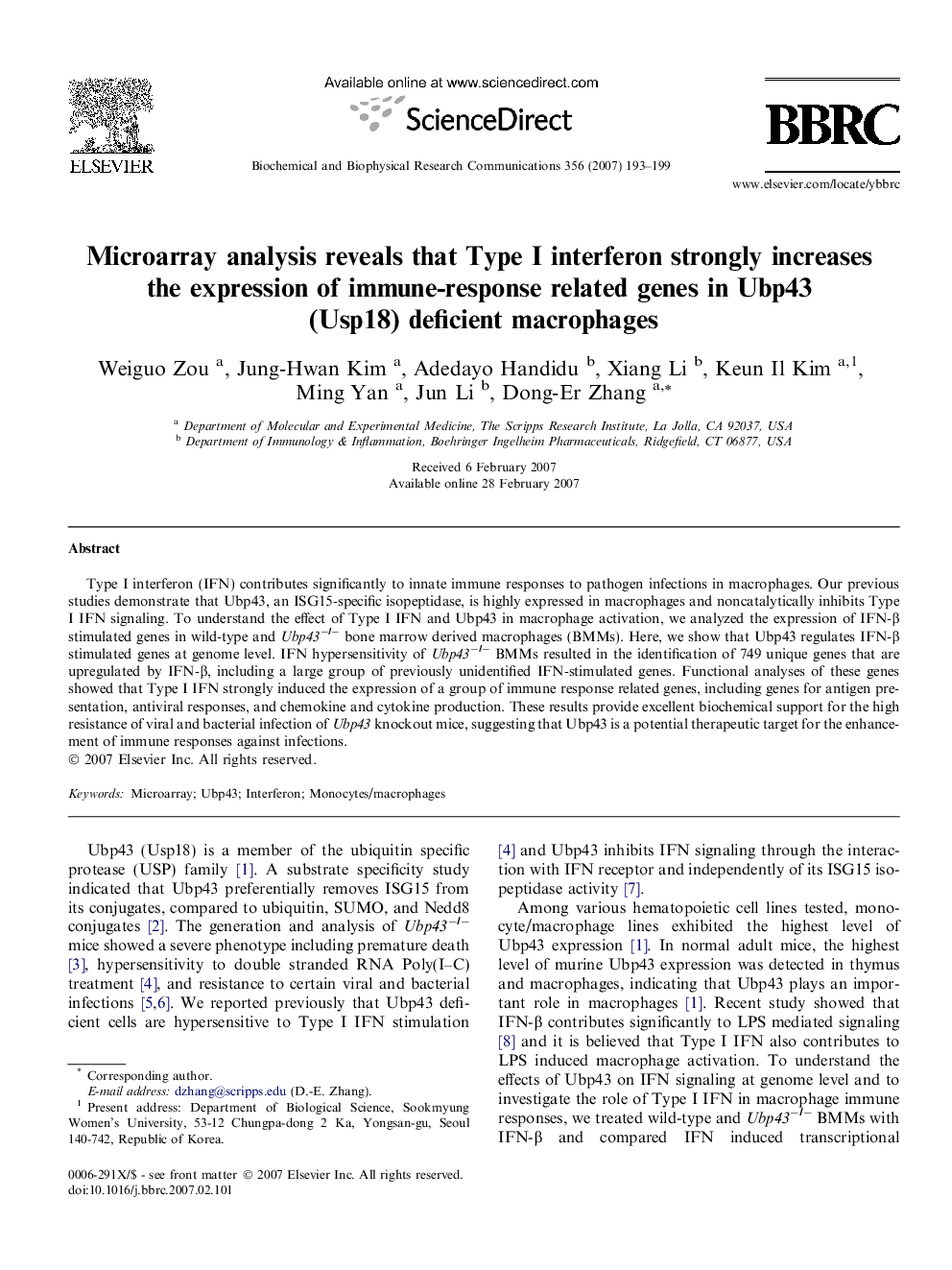 Microarray analysis reveals that Type I interferon strongly increases the expression of immune-response related genes in Ubp43 (Usp18) deficient macrophages