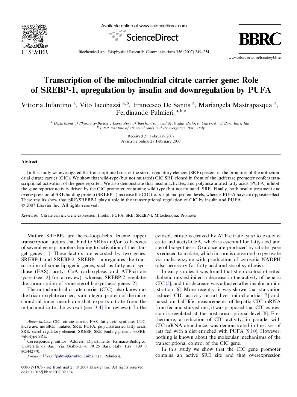 Transcription of the mitochondrial citrate carrier gene: Role of SREBP-1, upregulation by insulin and downregulation by PUFA