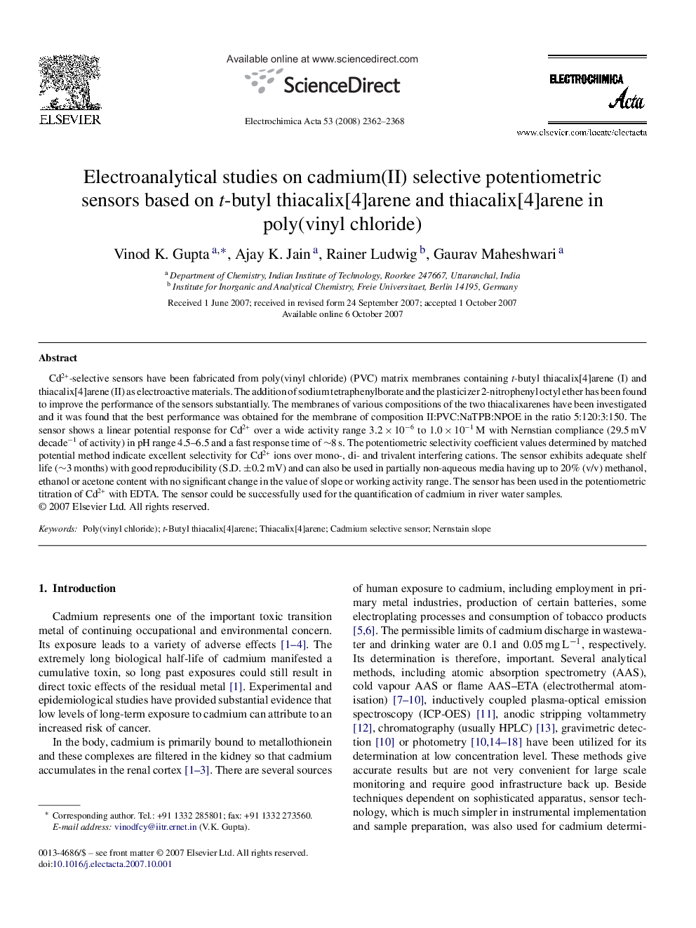 Electroanalytical studies on cadmium(II) selective potentiometric sensors based on t-butyl thiacalix[4]arene and thiacalix[4]arene in poly(vinyl chloride)