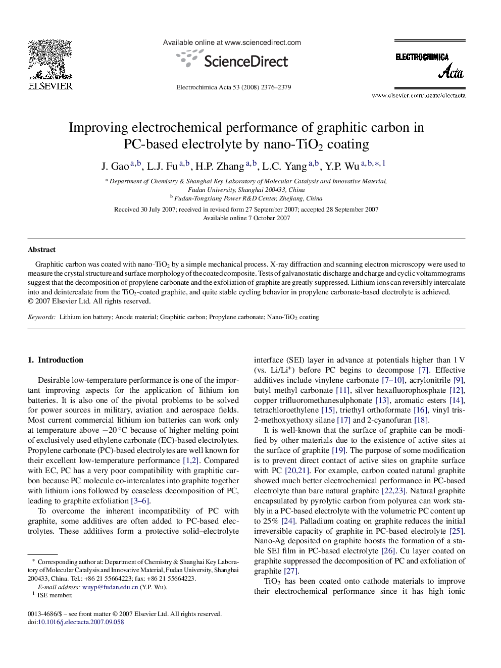 Improving electrochemical performance of graphitic carbon in PC-based electrolyte by nano-TiO2 coating