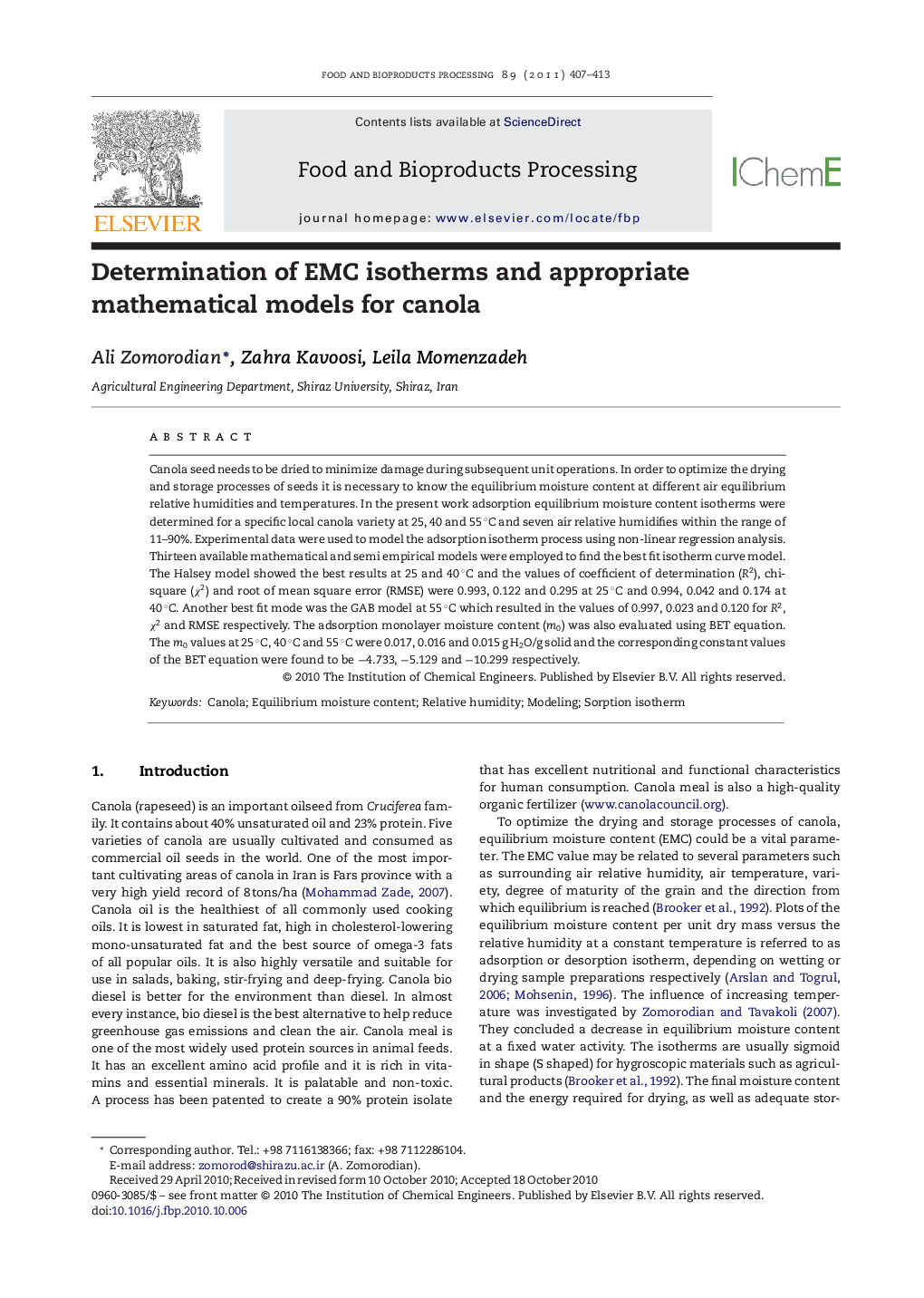 عکس صفحه اول مقاله: Determination of EMC isotherms and appropriate mathematical models for canola Determination of EMC isotherms and appropriate mathematical models for canola