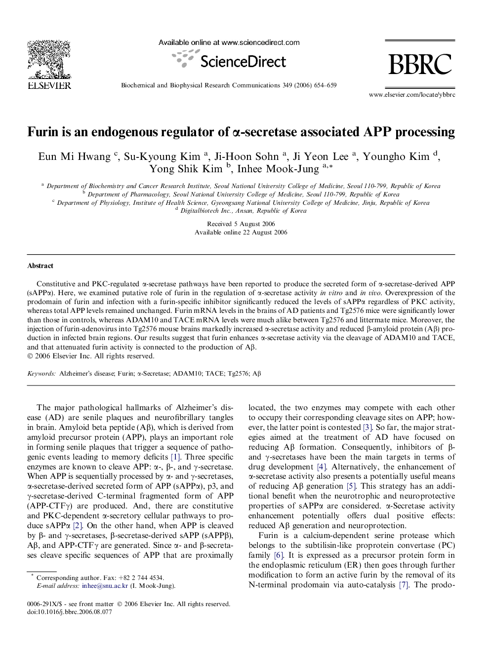 Furin is an endogenous regulator of α-secretase associated APP processing