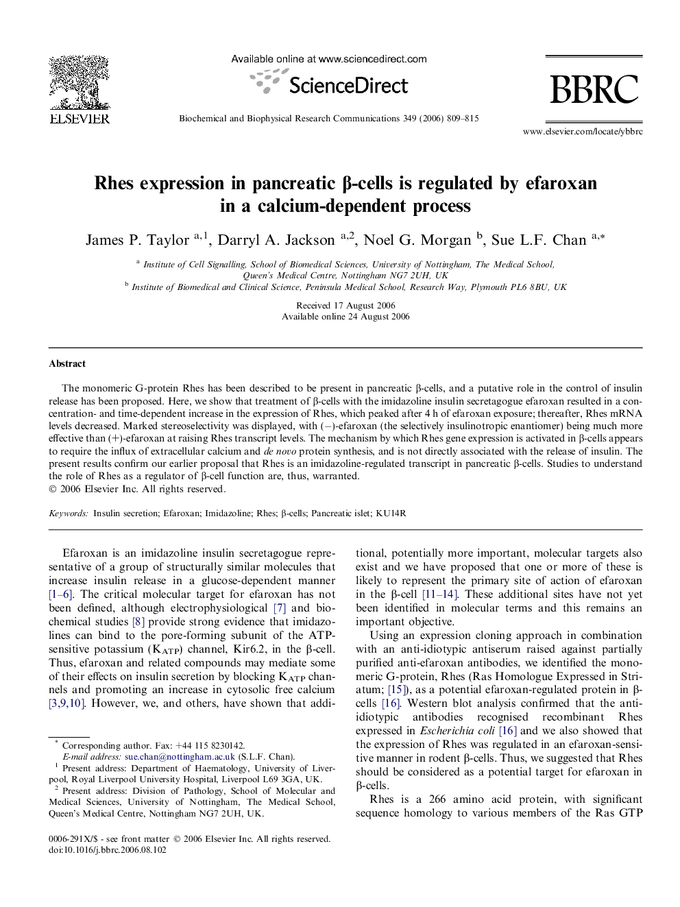 Rhes expression in pancreatic β-cells is regulated by efaroxan in a calcium-dependent process