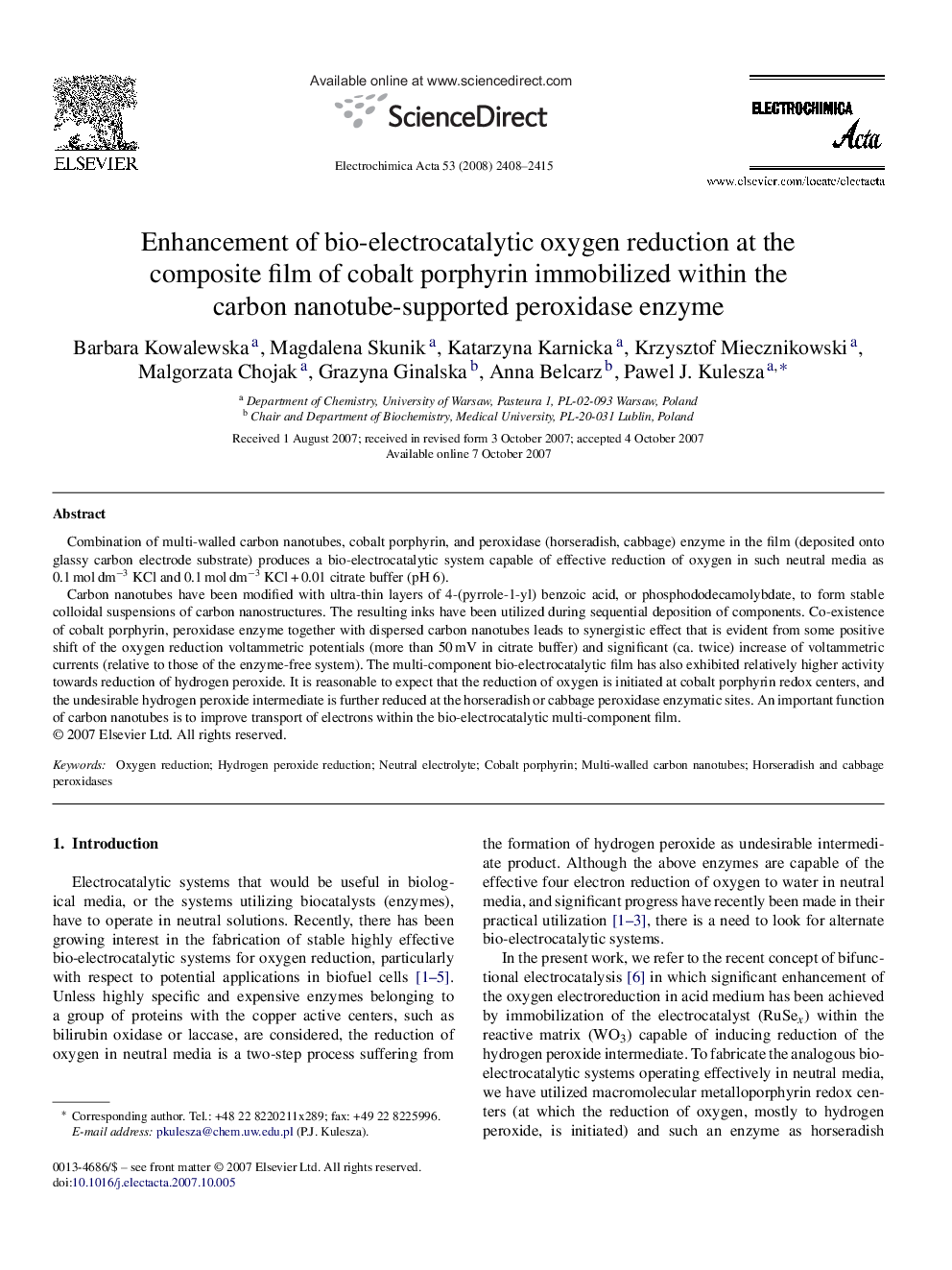 Enhancement of bio-electrocatalytic oxygen reduction at the composite film of cobalt porphyrin immobilized within the carbon nanotube-supported peroxidase enzyme