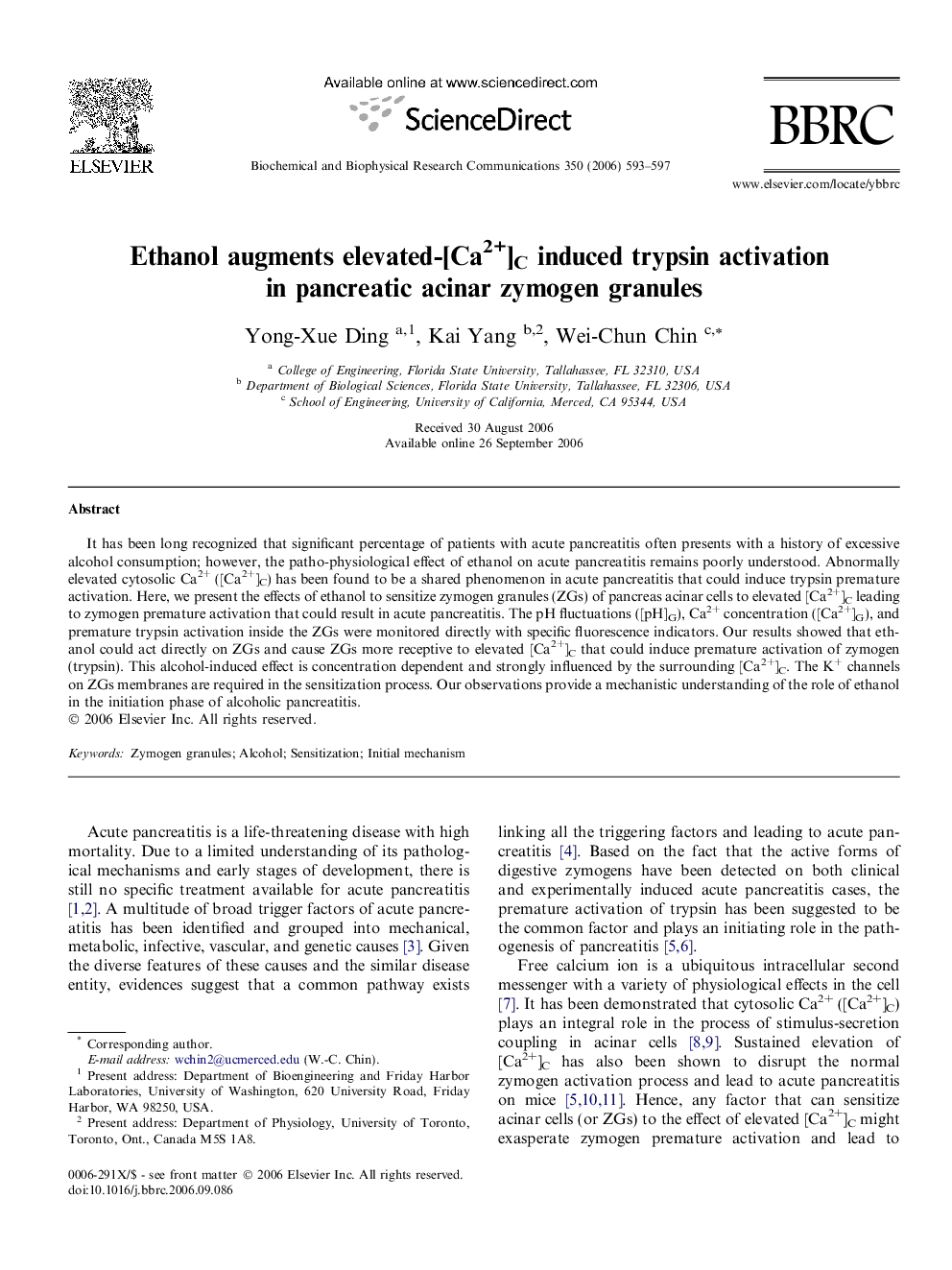 Ethanol augments elevated-[Ca2+]C induced trypsin activation in pancreatic acinar zymogen granules