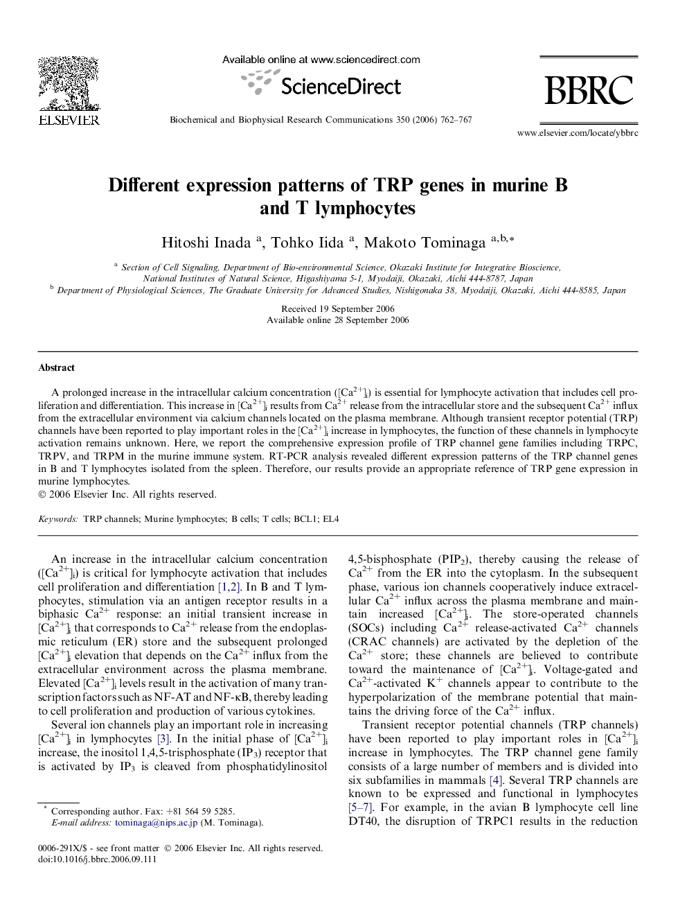 Different expression patterns of TRP genes in murine B and T lymphocytes