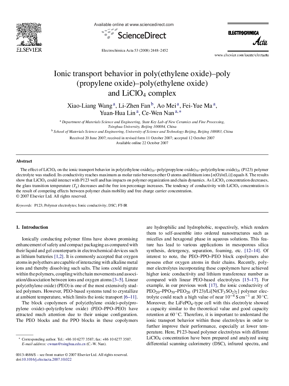 Ionic transport behavior in poly(ethylene oxide)–poly(propylene oxide)–poly(ethylene oxide) and LiClO4 complex