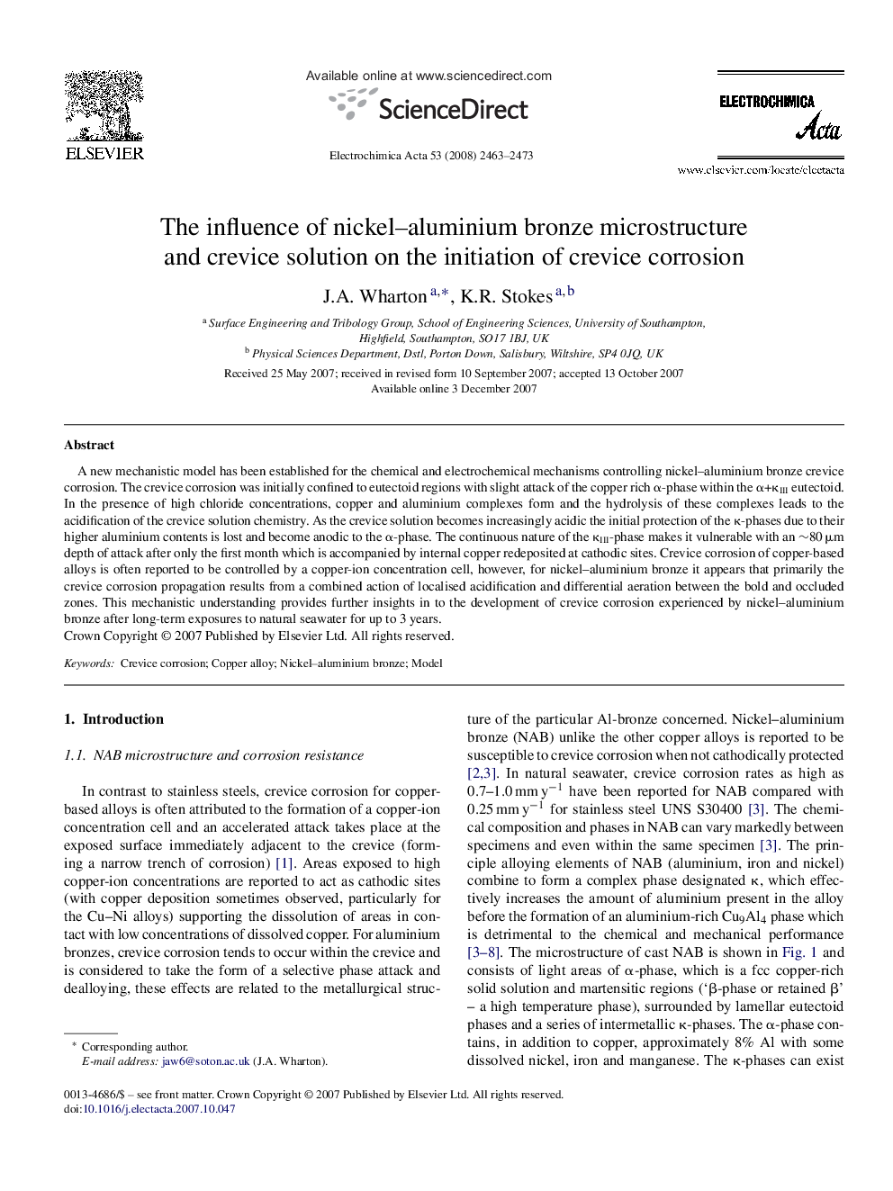 The influence of nickel–aluminium bronze microstructure and crevice solution on the initiation of crevice corrosion