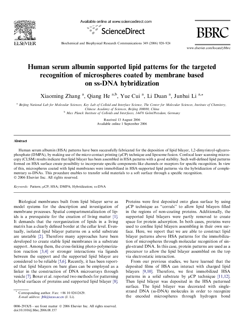 Human serum albumin supported lipid patterns for the targeted recognition of microspheres coated by membrane based on ss-DNA hybridization