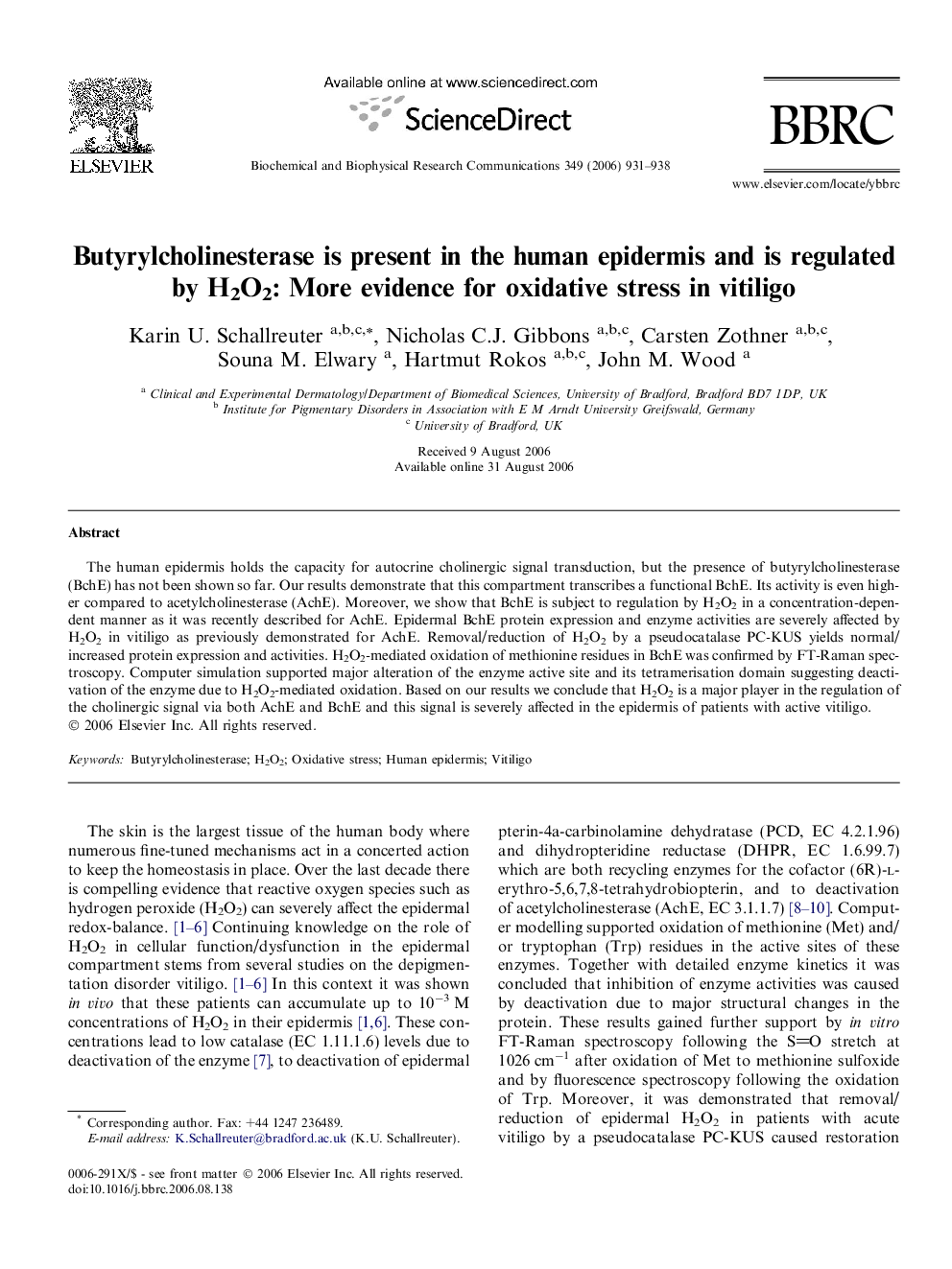 Butyrylcholinesterase is present in the human epidermis and is regulated by H2O2: More evidence for oxidative stress in vitiligo