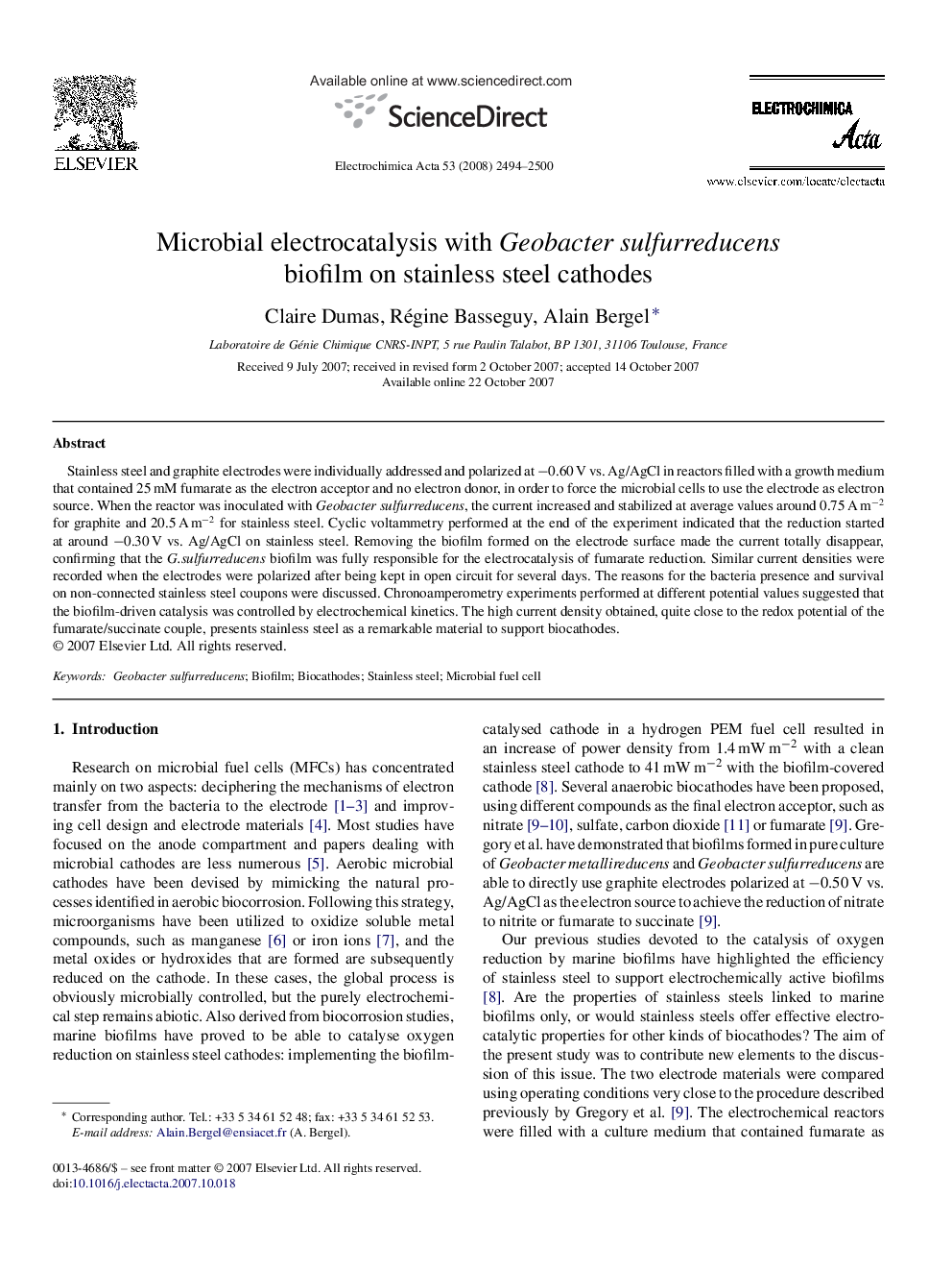 Microbial electrocatalysis with Geobacter sulfurreducens biofilm on stainless steel cathodes