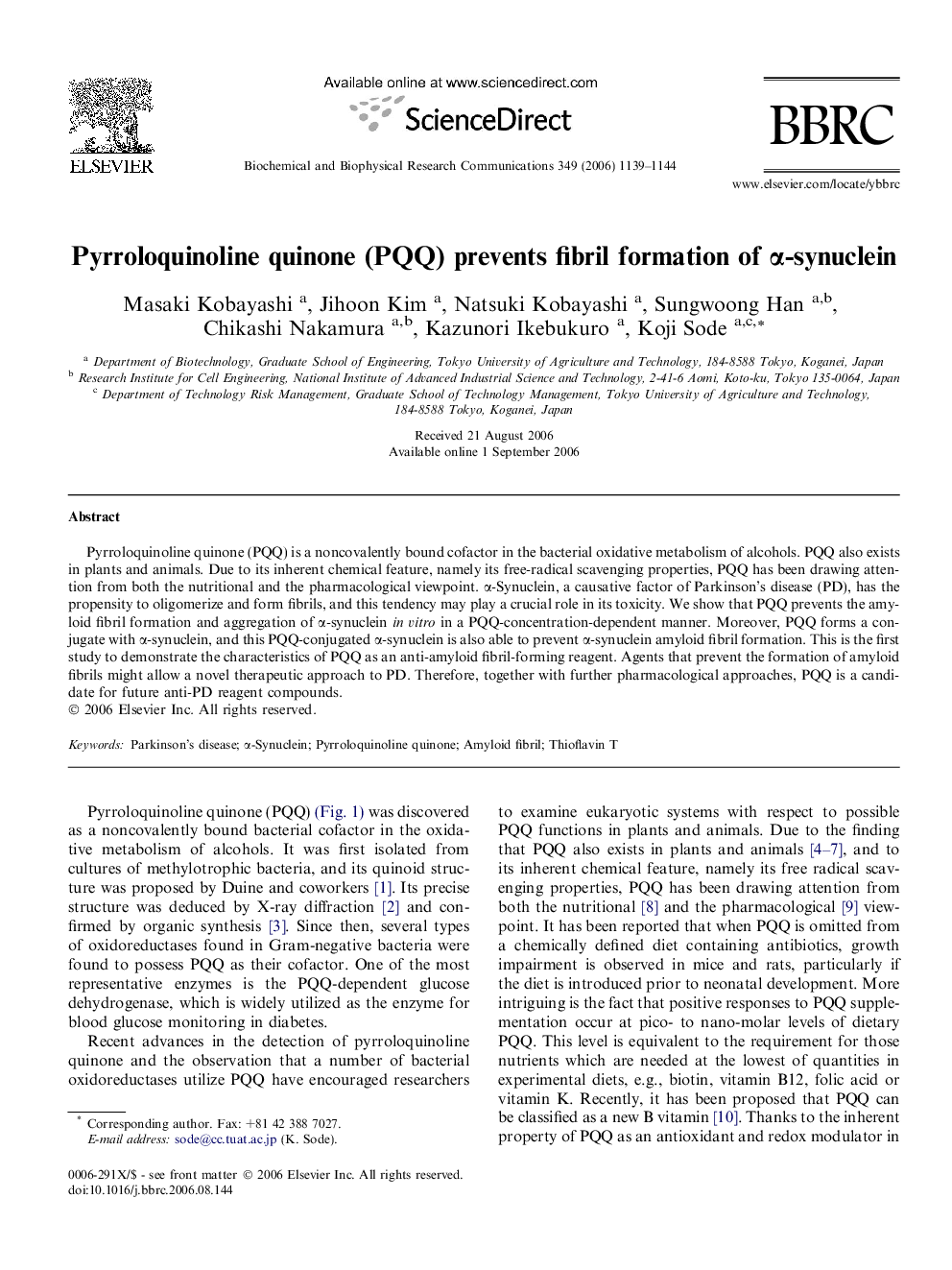 Pyrroloquinoline quinone (PQQ) prevents fibril formation of α-synuclein