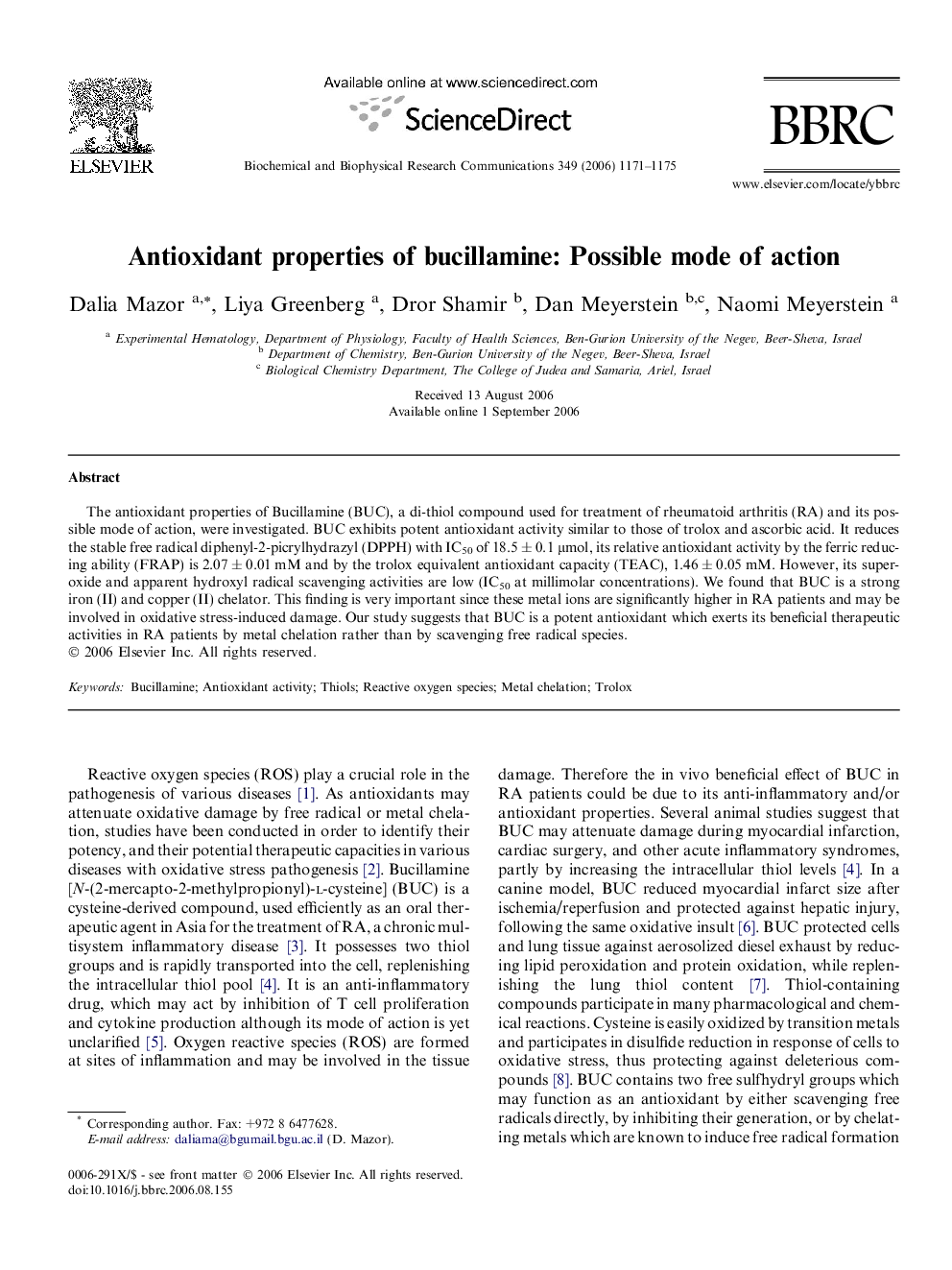 Antioxidant properties of bucillamine: Possible mode of action