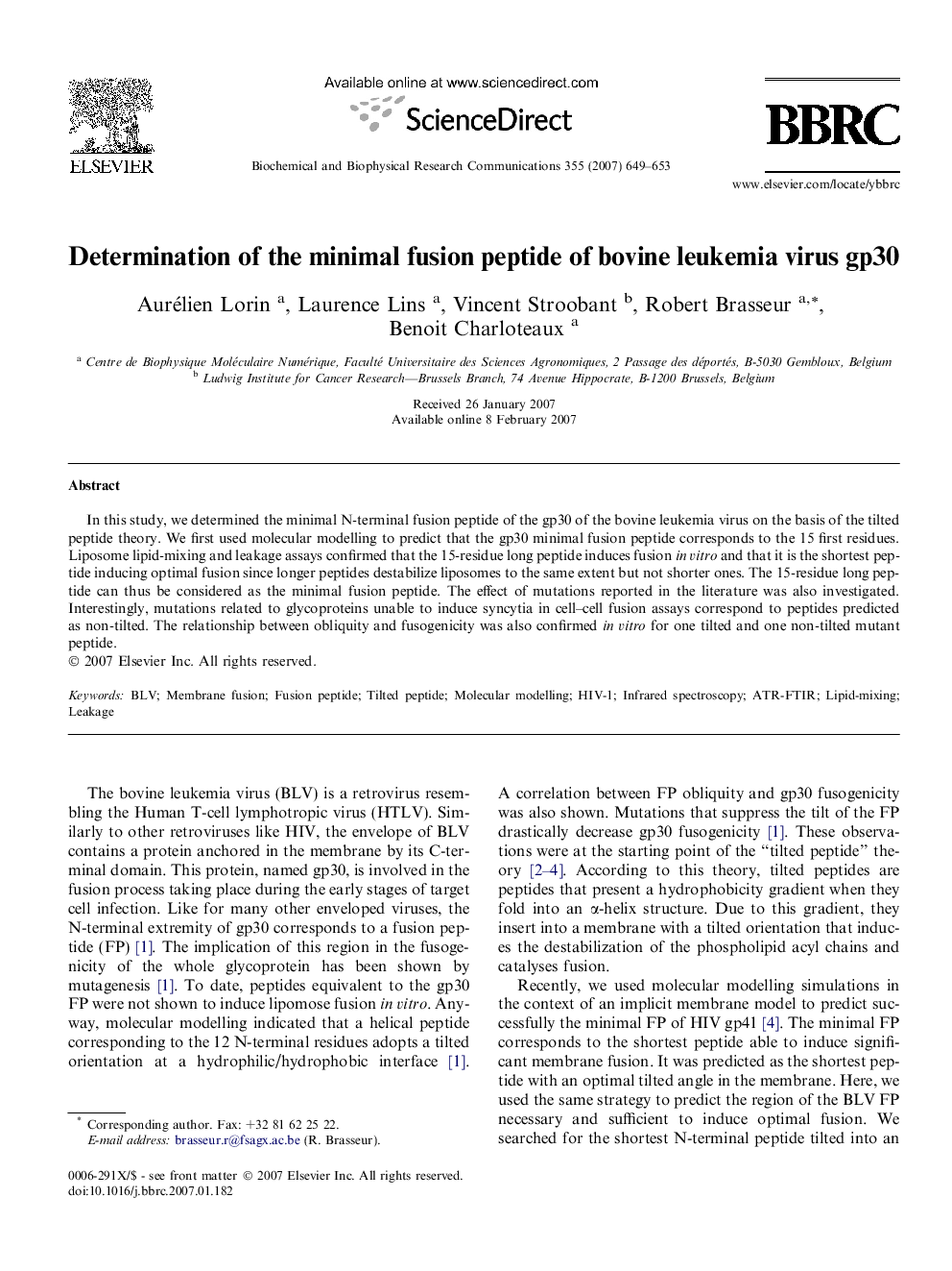 Determination of the minimal fusion peptide of bovine leukemia virus gp30