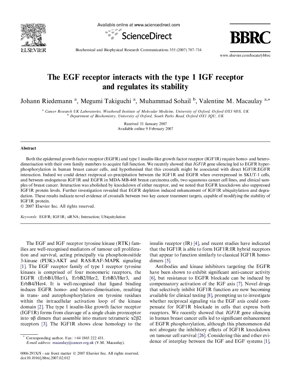 The EGF receptor interacts with the type 1 IGF receptor and regulates its stability