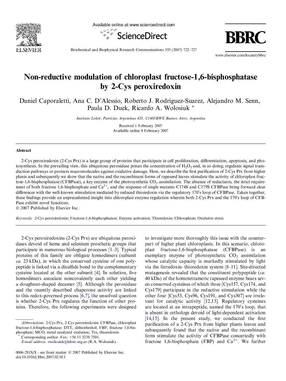 Non-reductive modulation of chloroplast fructose-1,6-bisphosphatase by 2-Cys peroxiredoxin