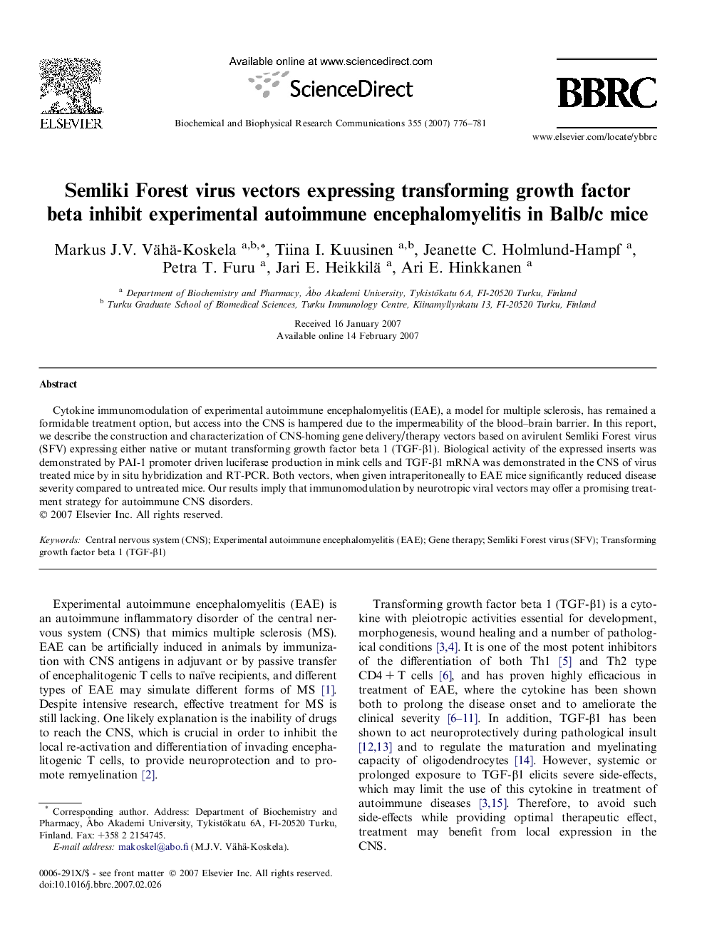 Semliki Forest virus vectors expressing transforming growth factor beta inhibit experimental autoimmune encephalomyelitis in Balb/c mice