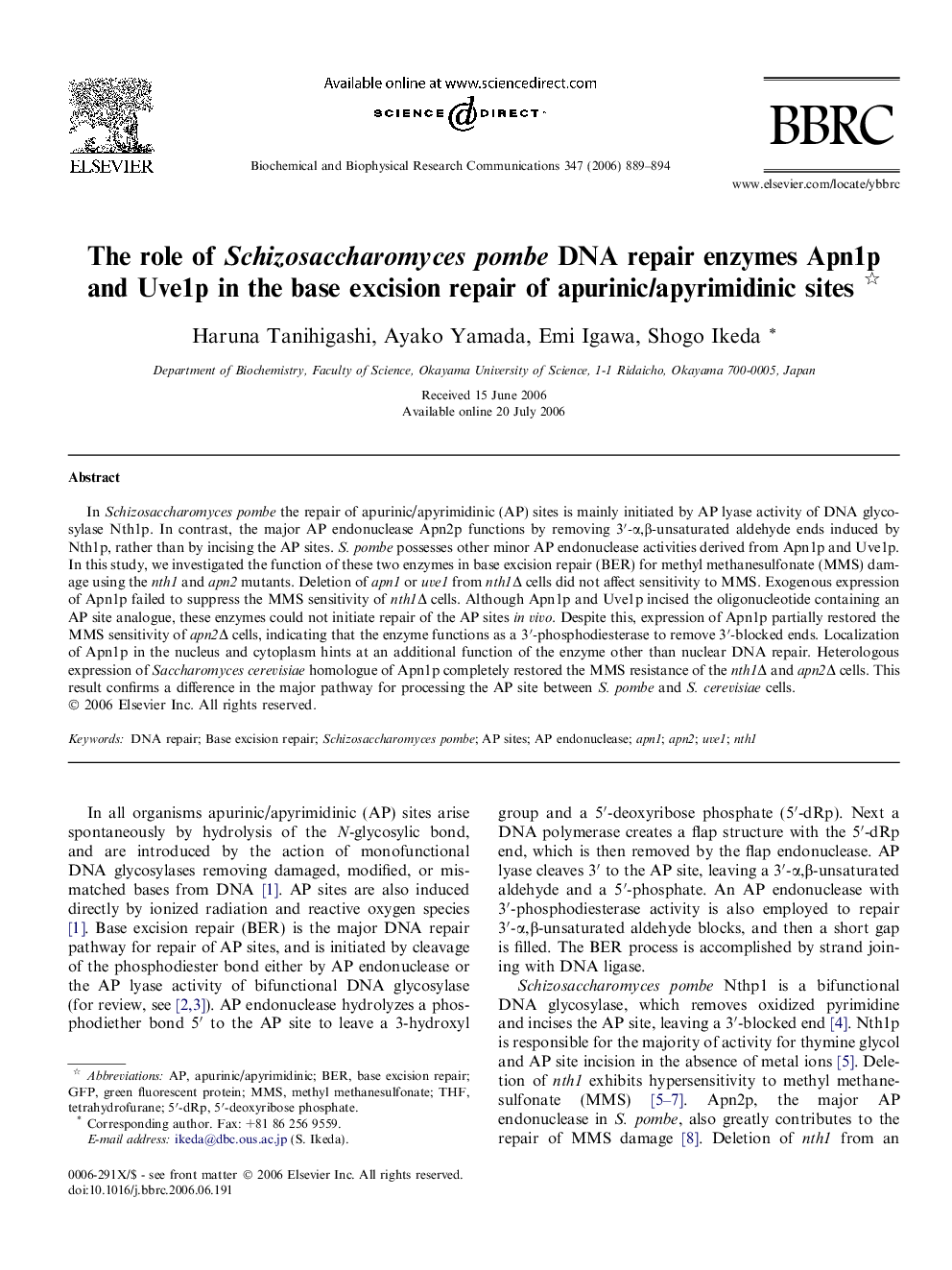 The role of Schizosaccharomyces pombe DNA repair enzymes Apn1p and Uve1p in the base excision repair of apurinic/apyrimidinic sites 