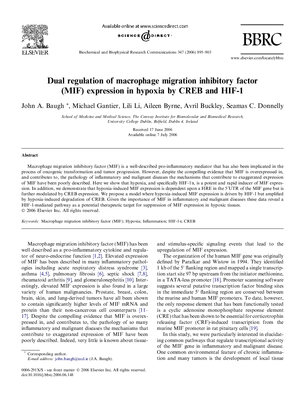 Dual regulation of macrophage migration inhibitory factor (MIF) expression in hypoxia by CREB and HIF-1