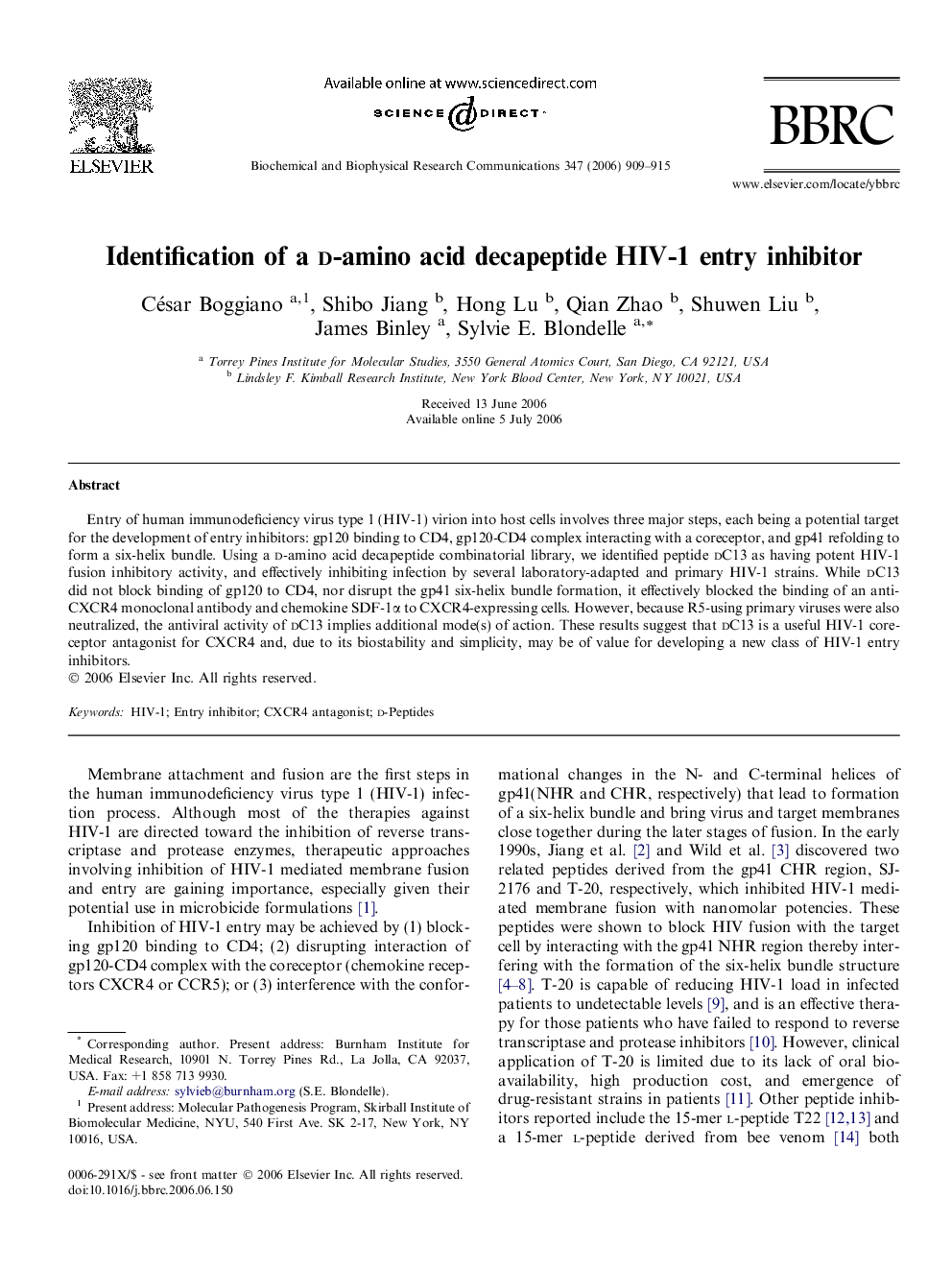 Identification of a d-amino acid decapeptide HIV-1 entry inhibitor