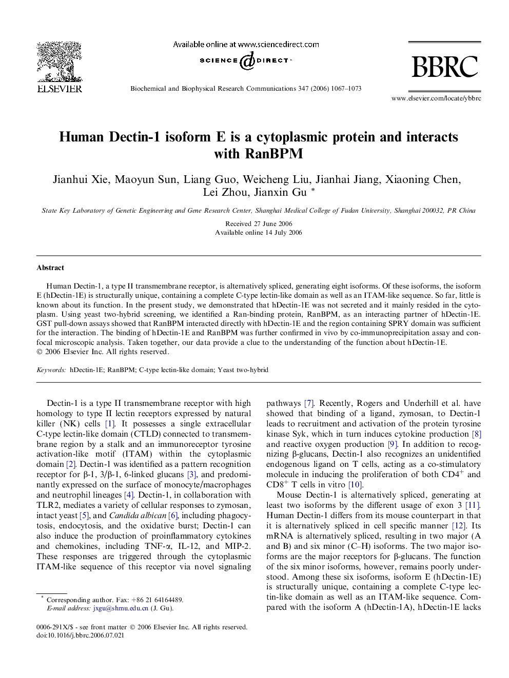 Human Dectin-1 isoform E is a cytoplasmic protein and interacts with RanBPM