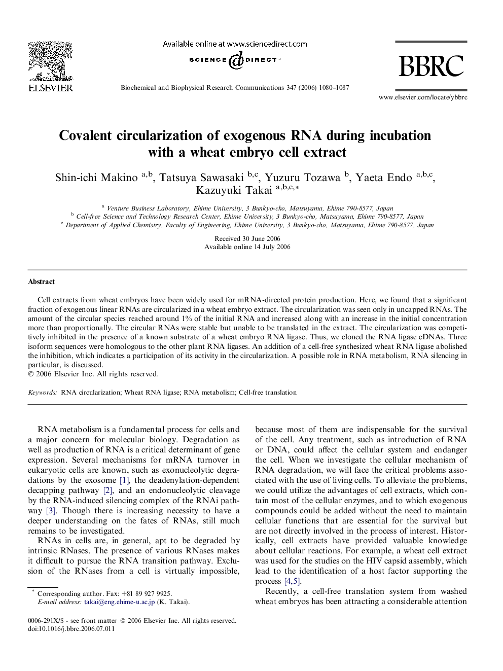 Covalent circularization of exogenous RNA during incubation with a wheat embryo cell extract