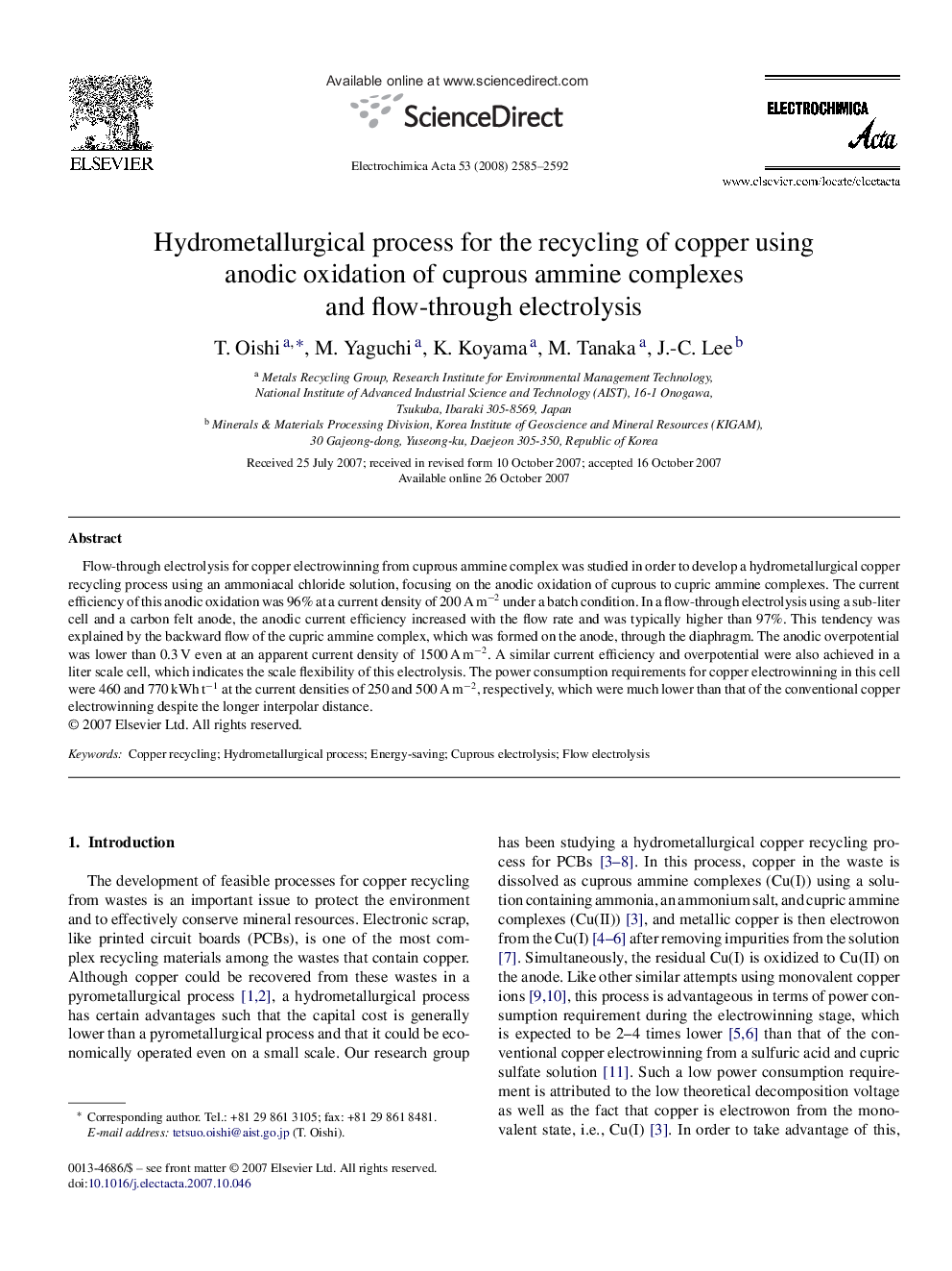 Hydrometallurgical process for the recycling of copper using anodic oxidation of cuprous ammine complexes and flow-through electrolysis