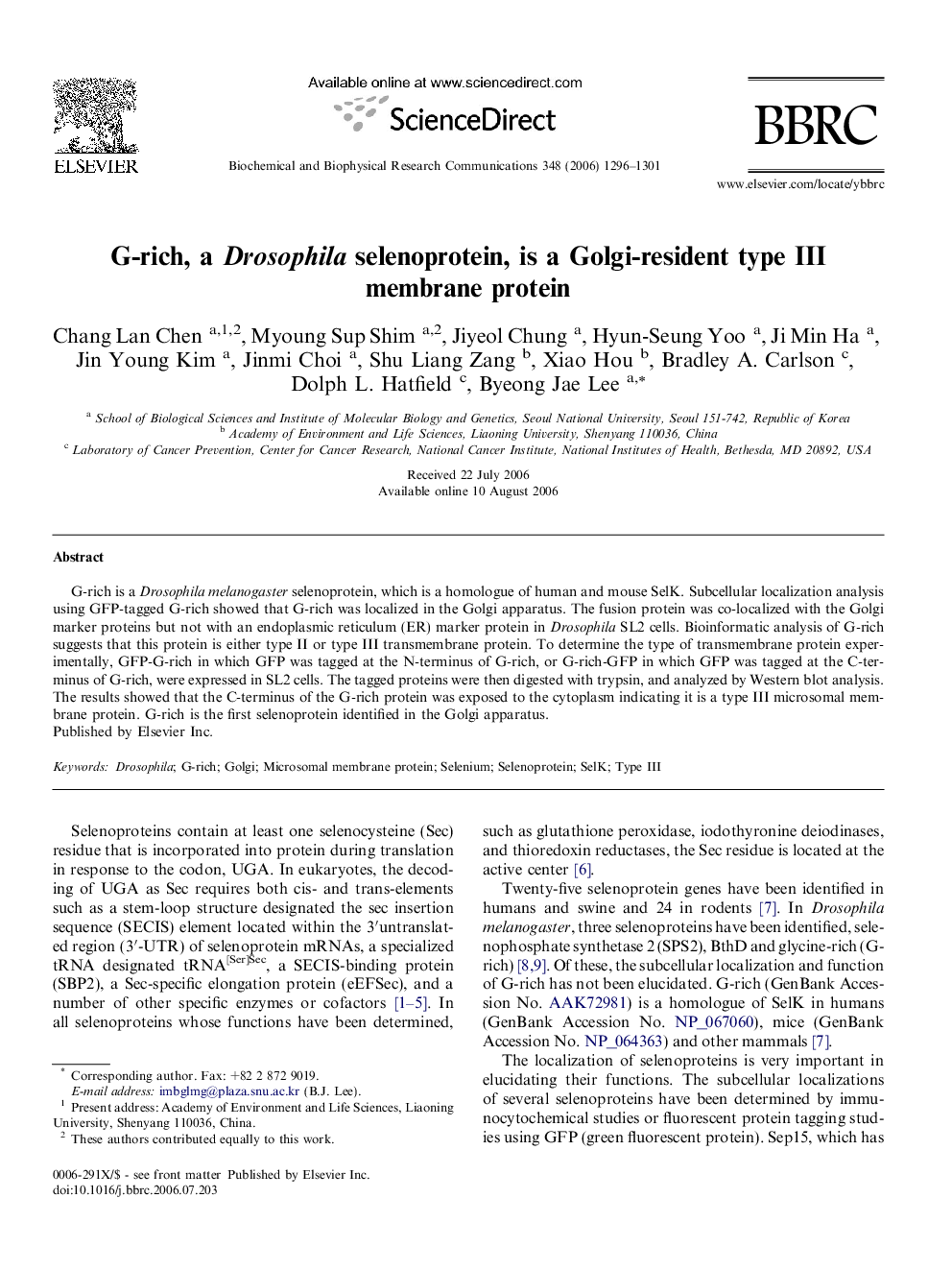 G-rich, a Drosophila selenoprotein, is a Golgi-resident type III membrane protein