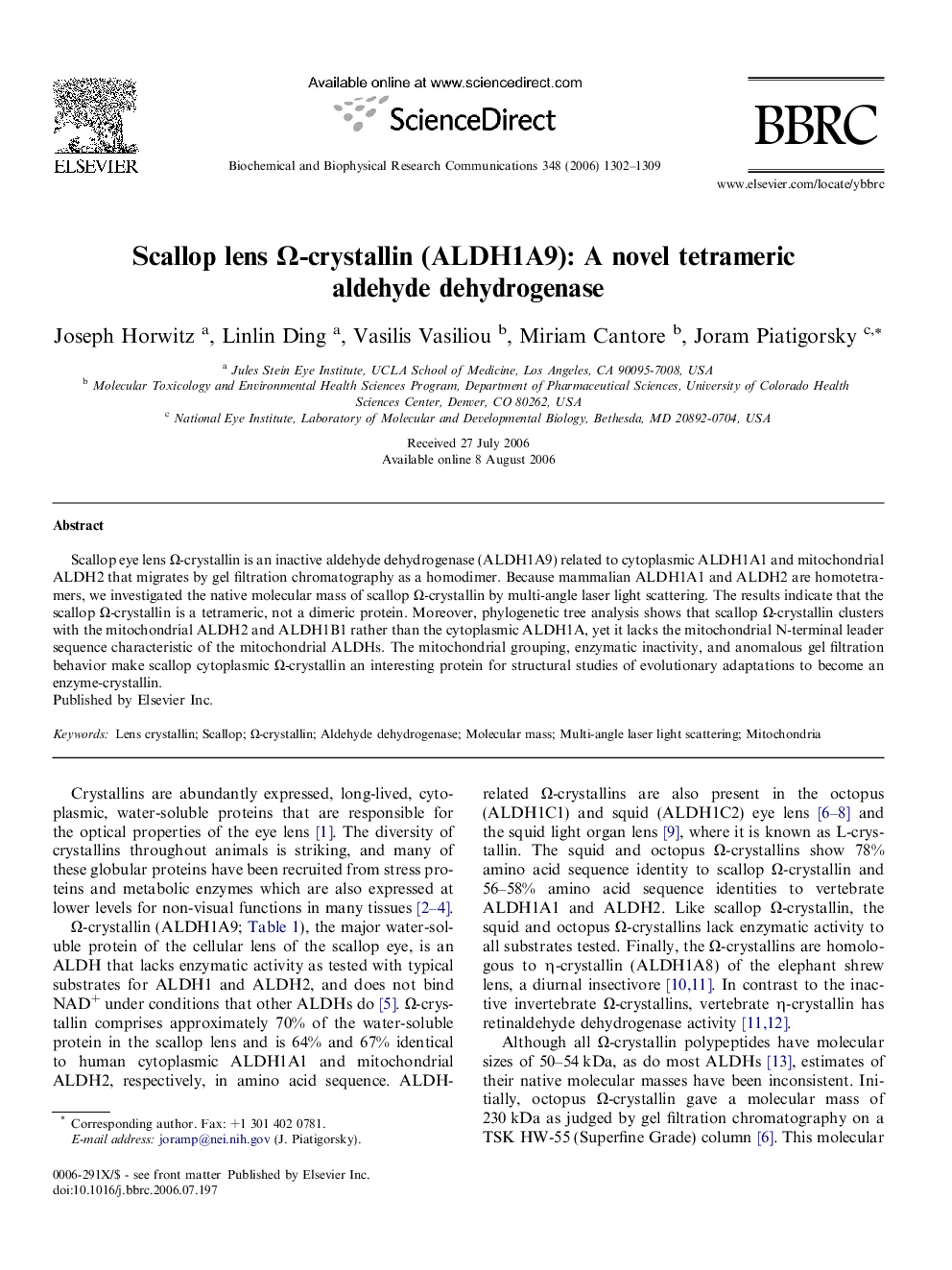 Scallop lens Ω-crystallin (ALDH1A9): A novel tetrameric aldehyde dehydrogenase