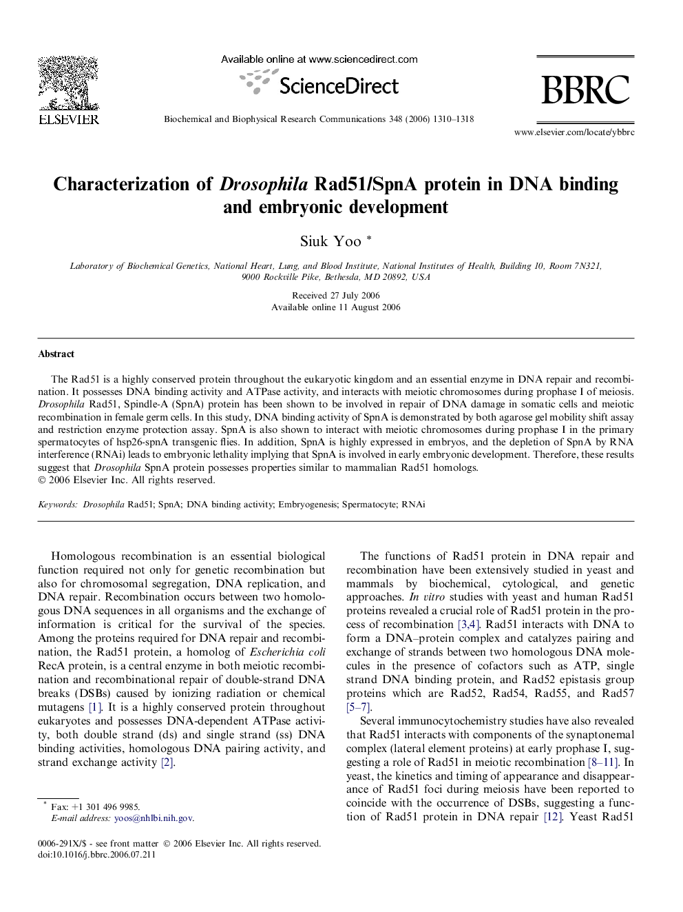 عکس صفحه اول مقاله: Characterization of Drosophila Rad51/SpnA protein in DNA binding and embryonic development Characterization of Drosophila Rad51/SpnA protein in DNA binding and embryonic development