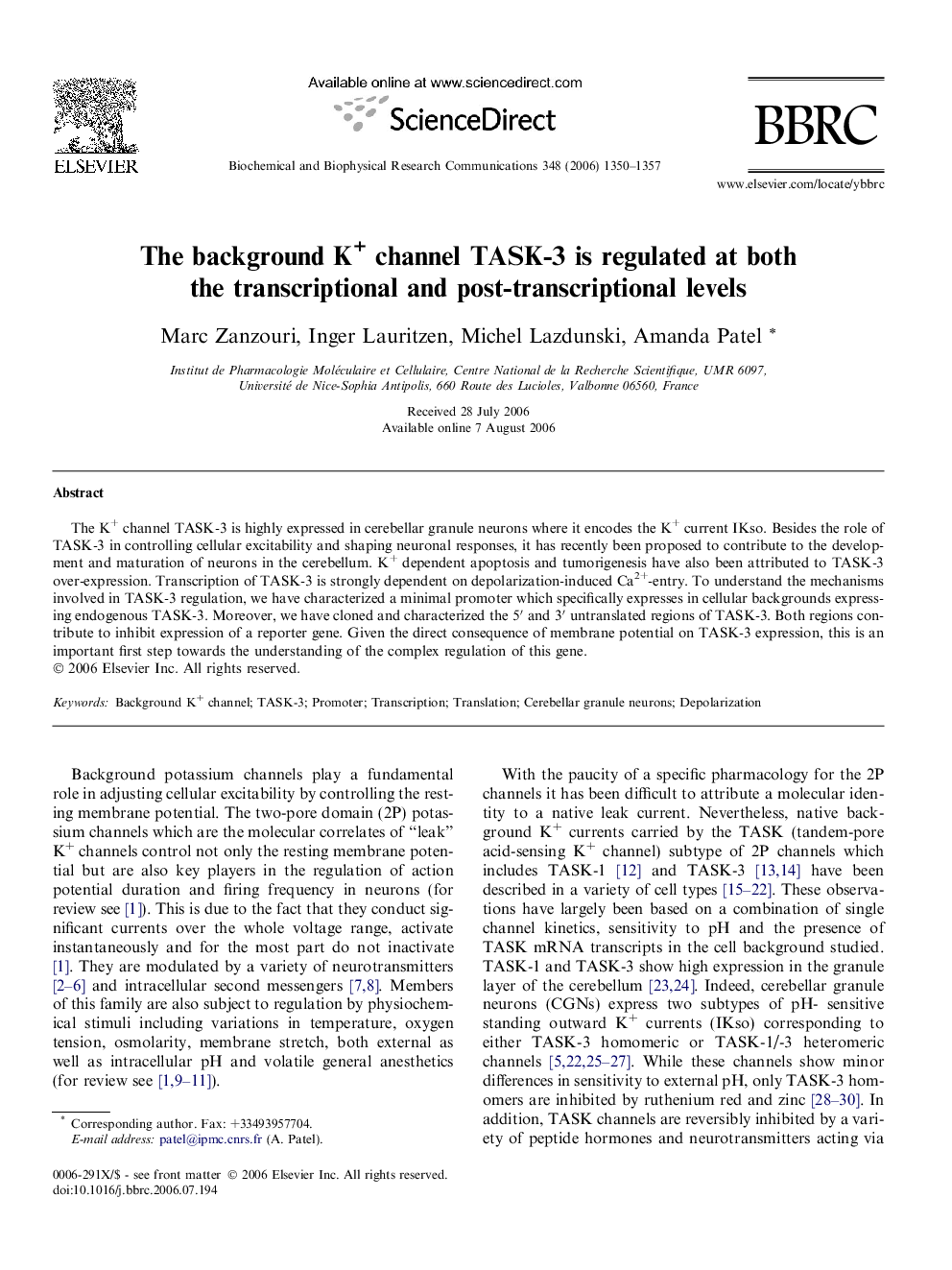 The background K+ channel TASK-3 is regulated at both the transcriptional and post-transcriptional levels