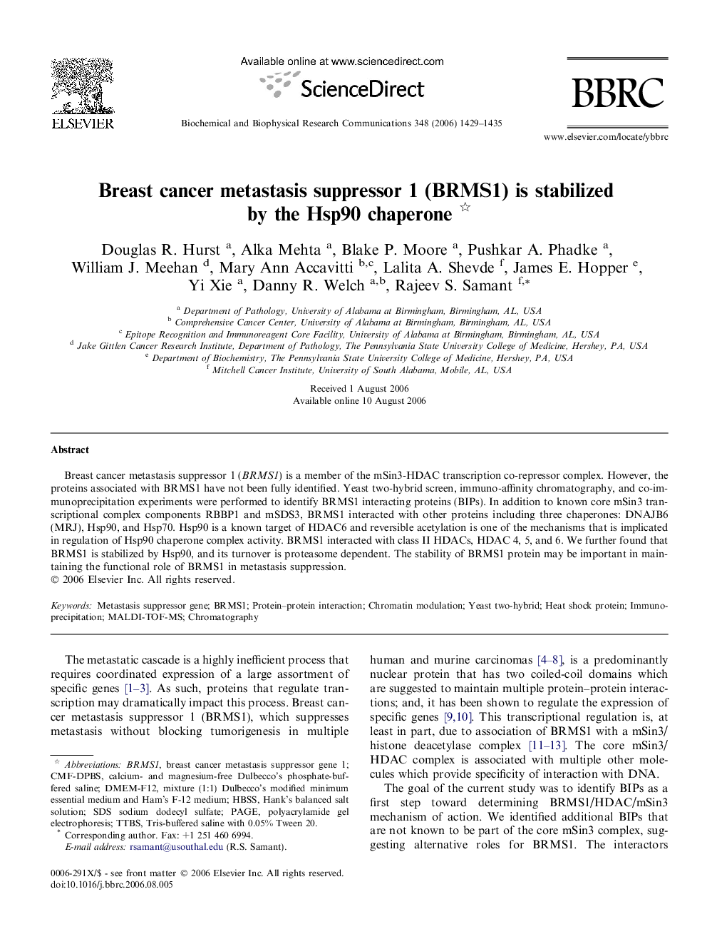 Breast cancer metastasis suppressor 1 (BRMS1) is stabilized by the Hsp90 chaperone 