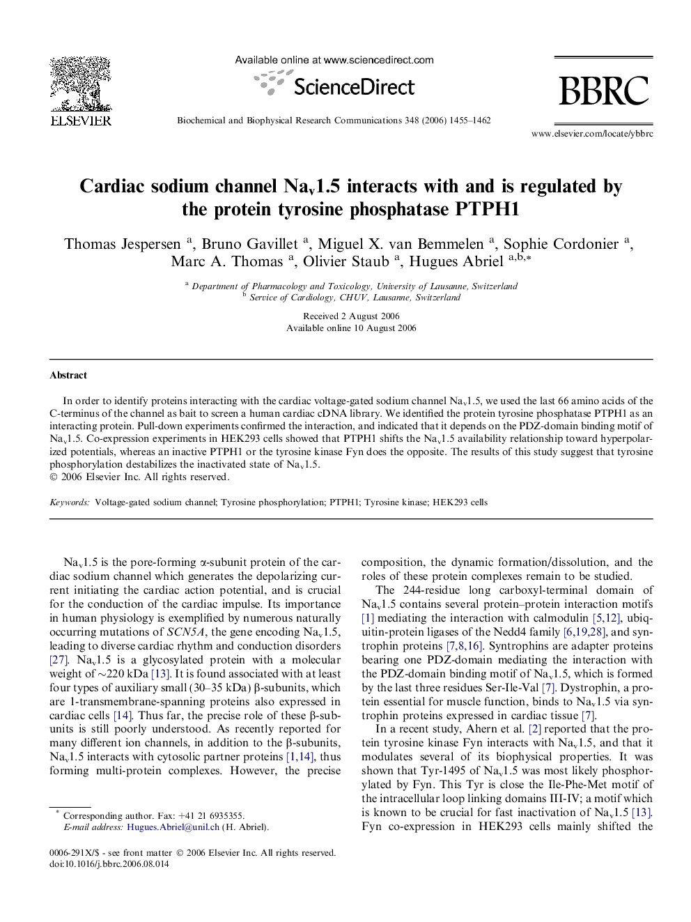 Cardiac sodium channel Nav1.5 interacts with and is regulated by the protein tyrosine phosphatase PTPH1