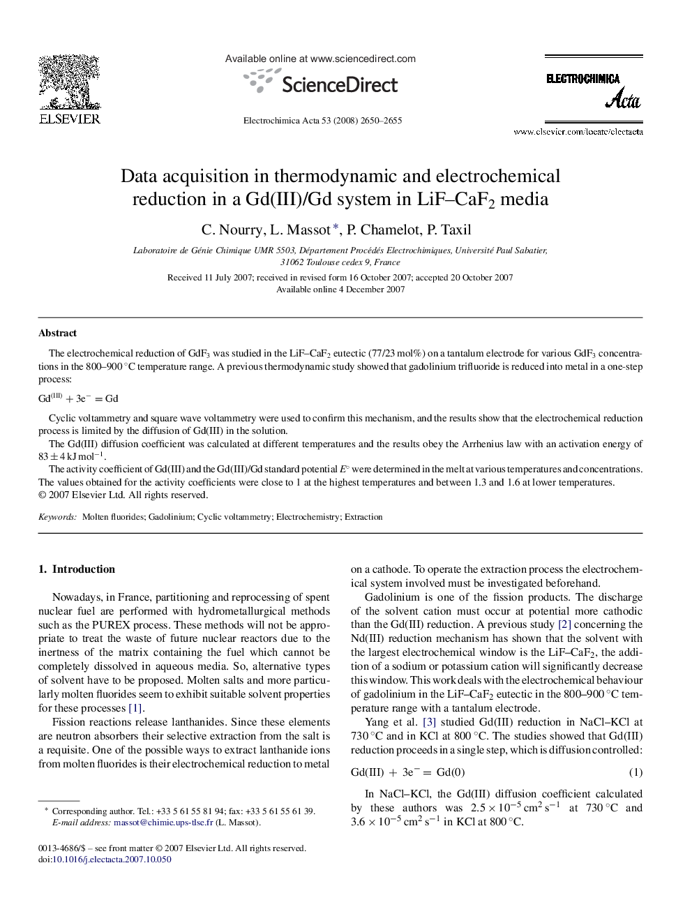 Data acquisition in thermodynamic and electrochemical reduction in a Gd(III)/Gd system in LiF–CaF2 media