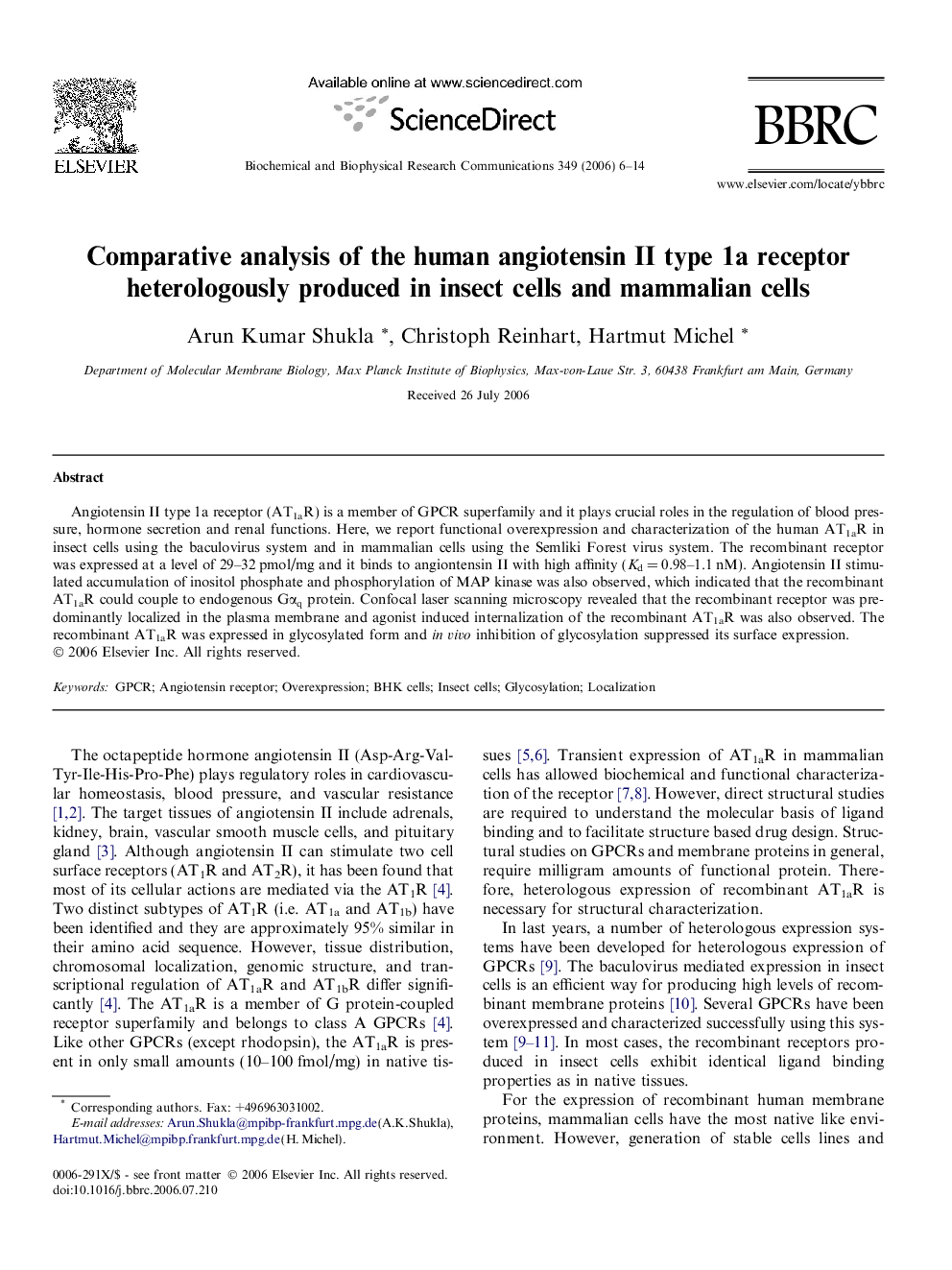 Comparative analysis of the human angiotensin II type 1a receptor heterologously produced in insect cells and mammalian cells