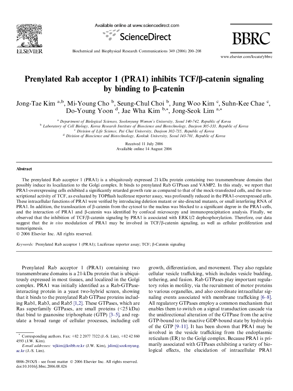 Prenylated Rab acceptor 1 (PRA1) inhibits TCF/β-catenin signaling by binding to β-catenin