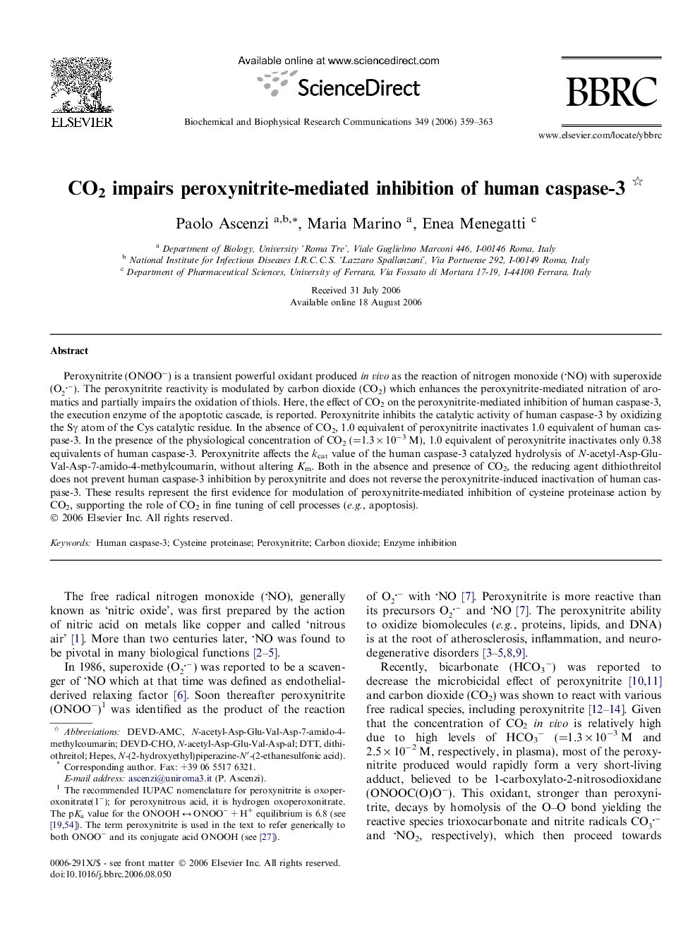 CO2 impairs peroxynitrite-mediated inhibition of human caspase-3 