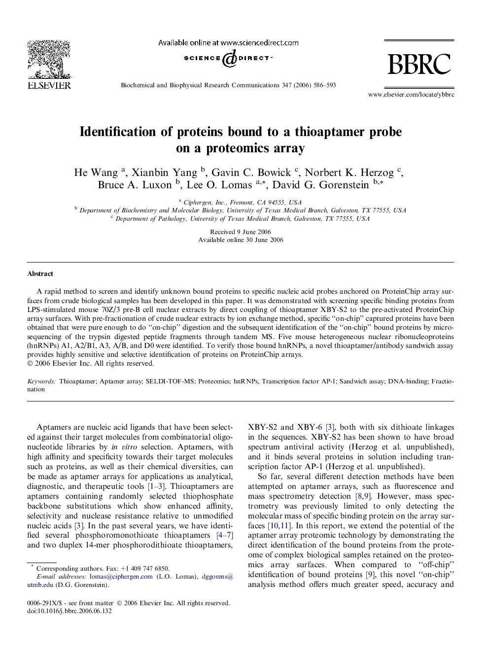 Identification of proteins bound to a thioaptamer probe on a proteomics array