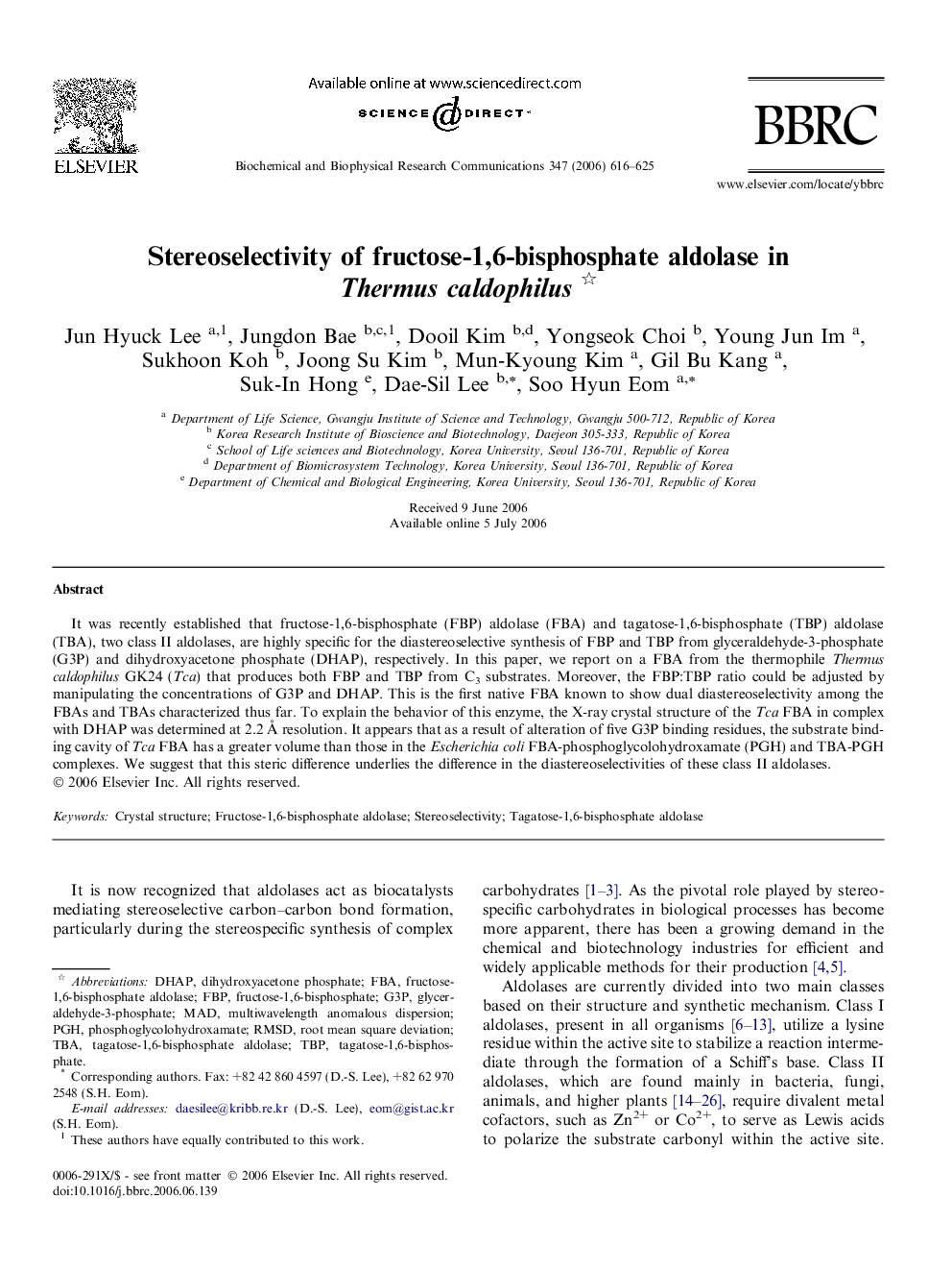 Stereoselectivity of fructose-1,6-bisphosphate aldolase in Thermus caldophilus 