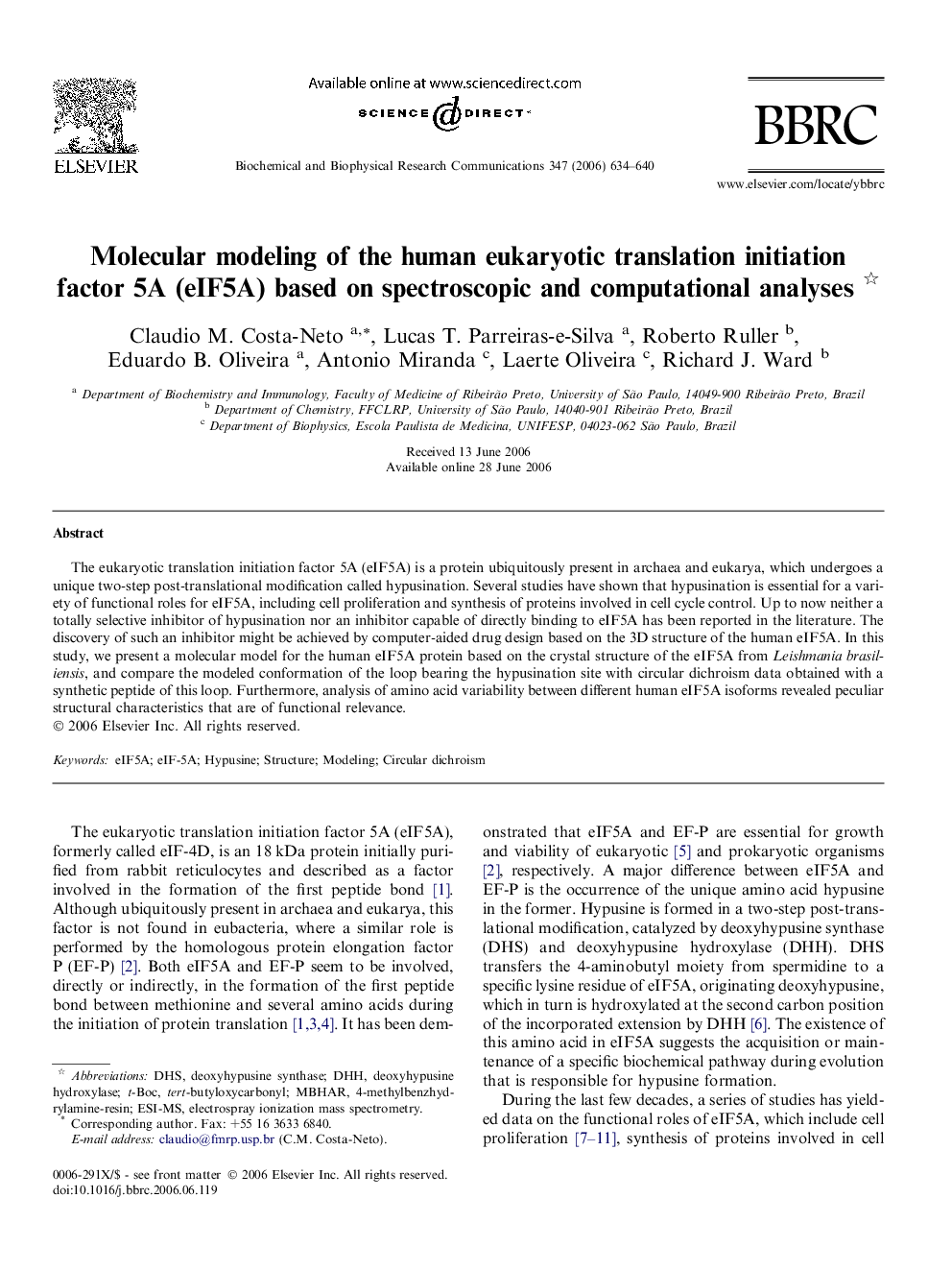 Molecular modeling of the human eukaryotic translation initiation factor 5A (eIF5A) based on spectroscopic and computational analyses 