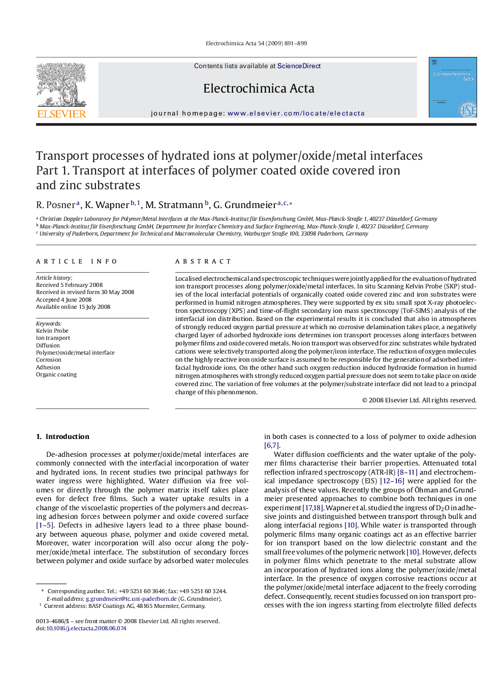 Transport processes of hydrated ions at polymer/oxide/metal interfaces: Part 1. Transport at interfaces of polymer coated oxide covered iron and zinc substrates