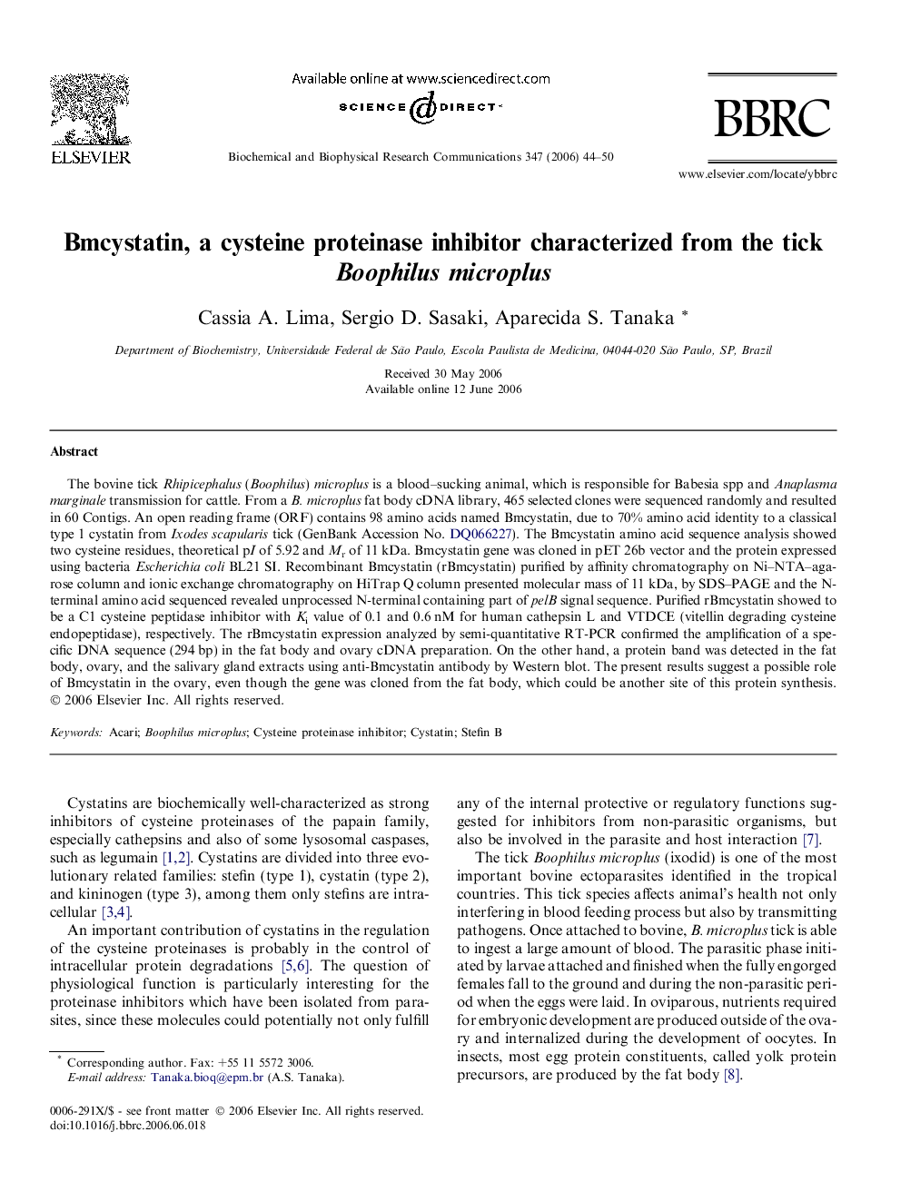 Bmcystatin, a cysteine proteinase inhibitor characterized from the tick Boophilus microplus