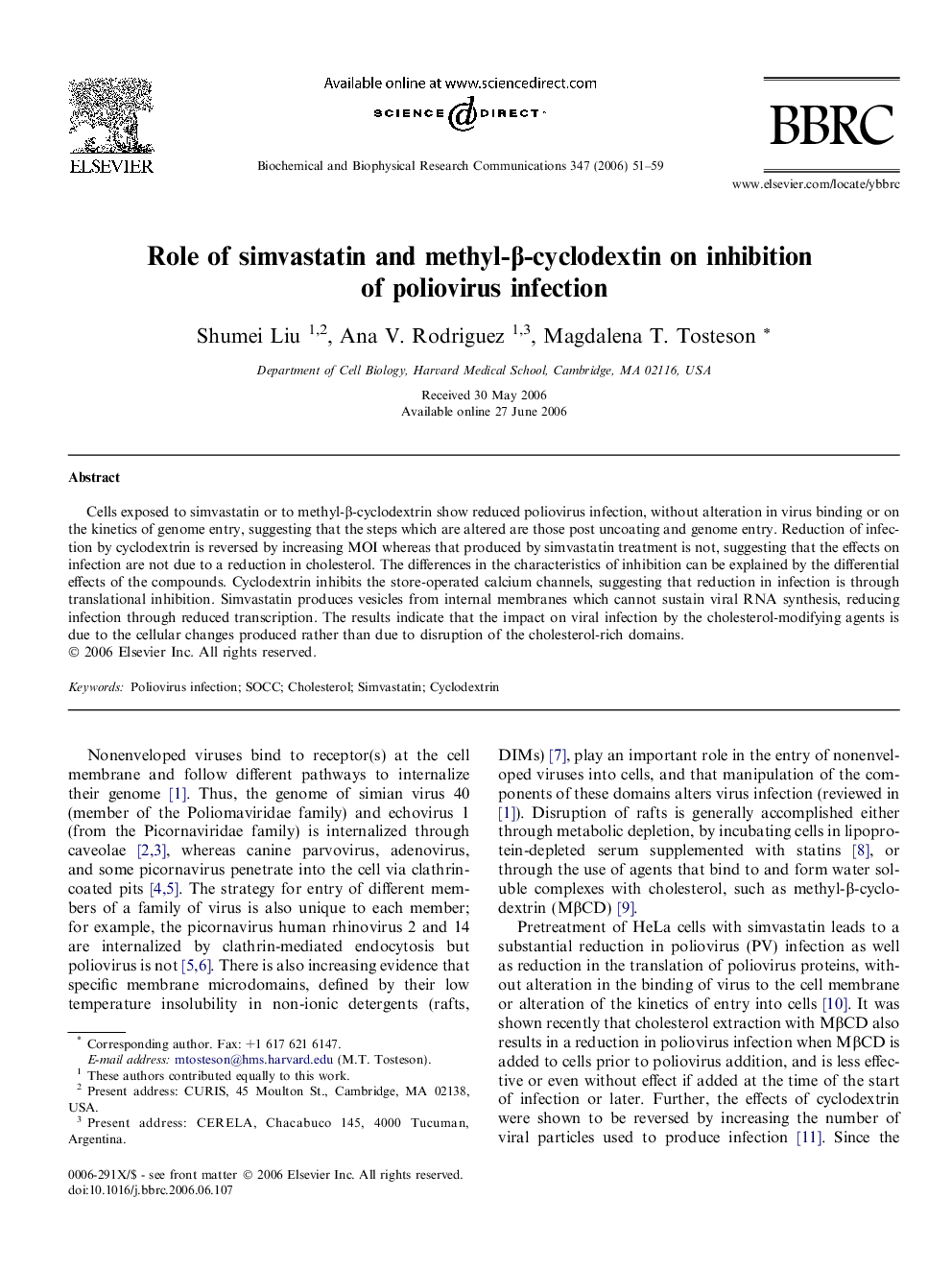 Role of simvastatin and methyl-β-cyclodextin on inhibition of poliovirus infection