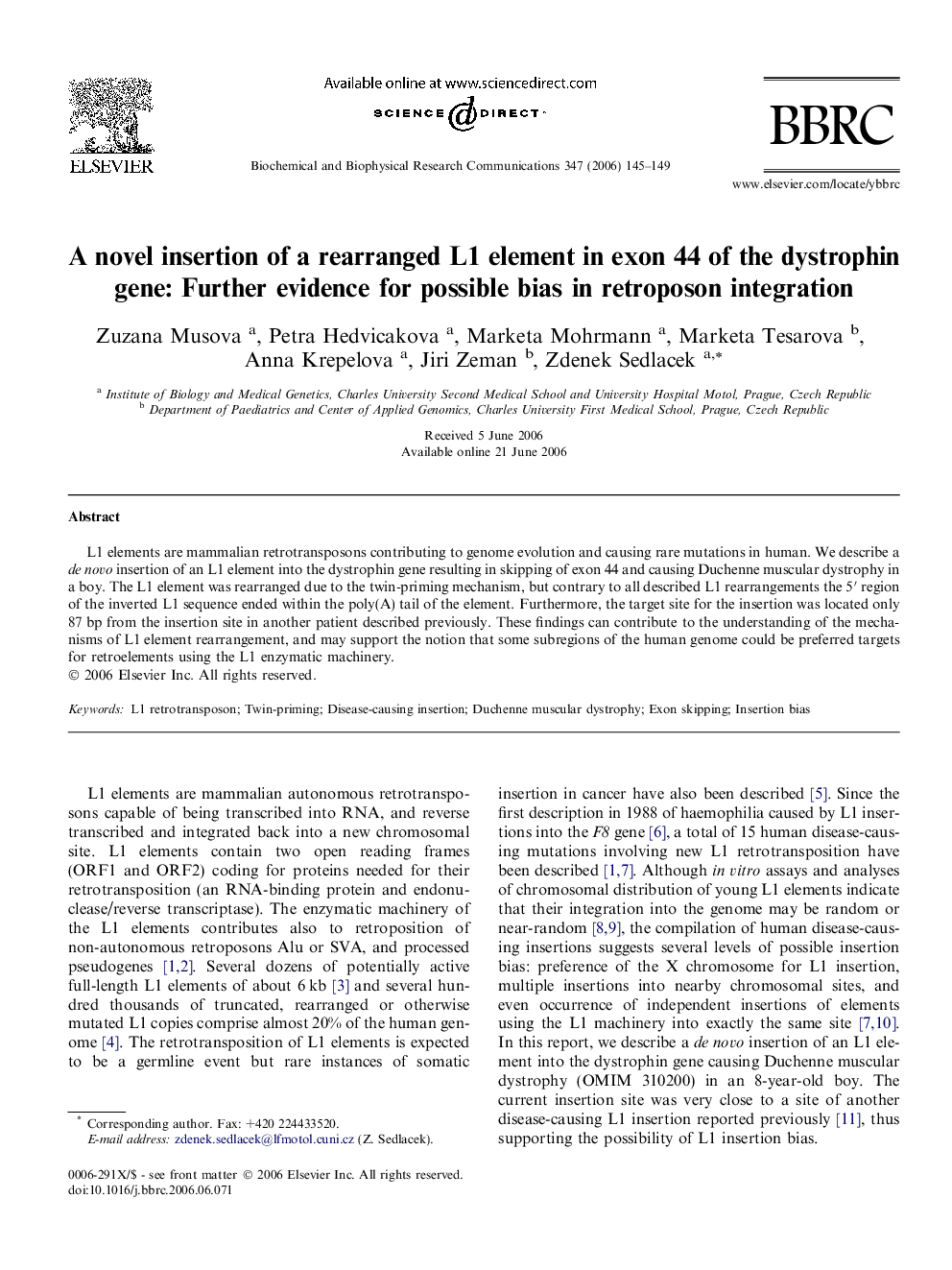 A novel insertion of a rearranged L1 element in exon 44 of the dystrophin gene: Further evidence for possible bias in retroposon integration