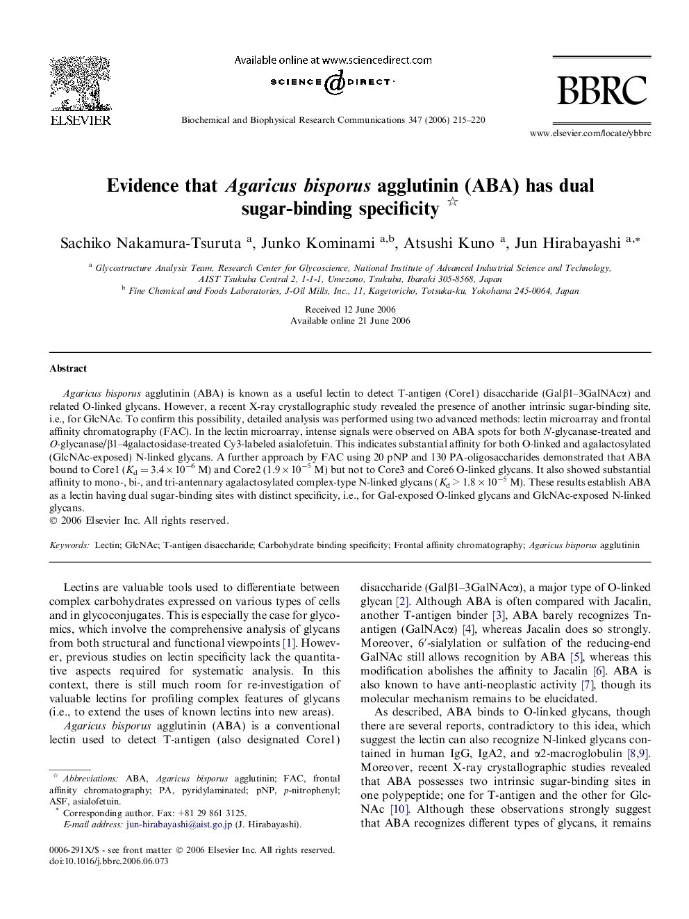 Evidence that Agaricus bisporus agglutinin (ABA) has dual sugar-binding specificity 