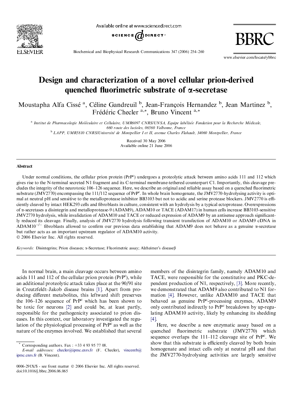 Design and characterization of a novel cellular prion-derived quenched fluorimetric substrate of α-secretase