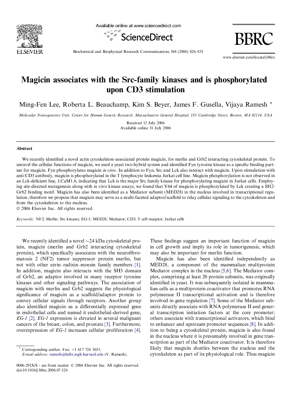 Magicin associates with the Src-family kinases and is phosphorylated upon CD3 stimulation