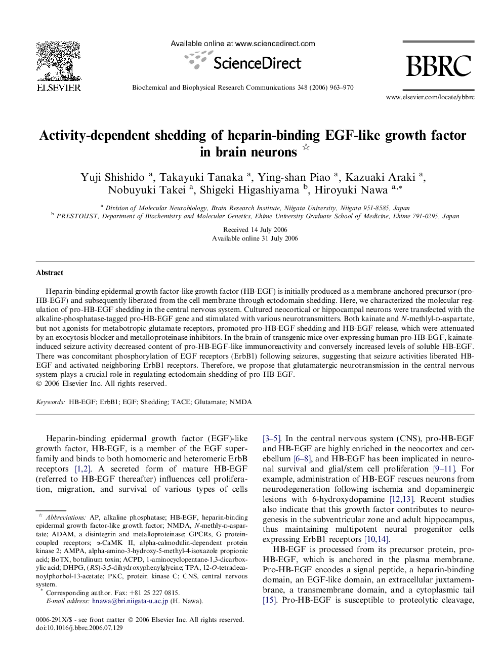 Activity-dependent shedding of heparin-binding EGF-like growth factor in brain neurons 