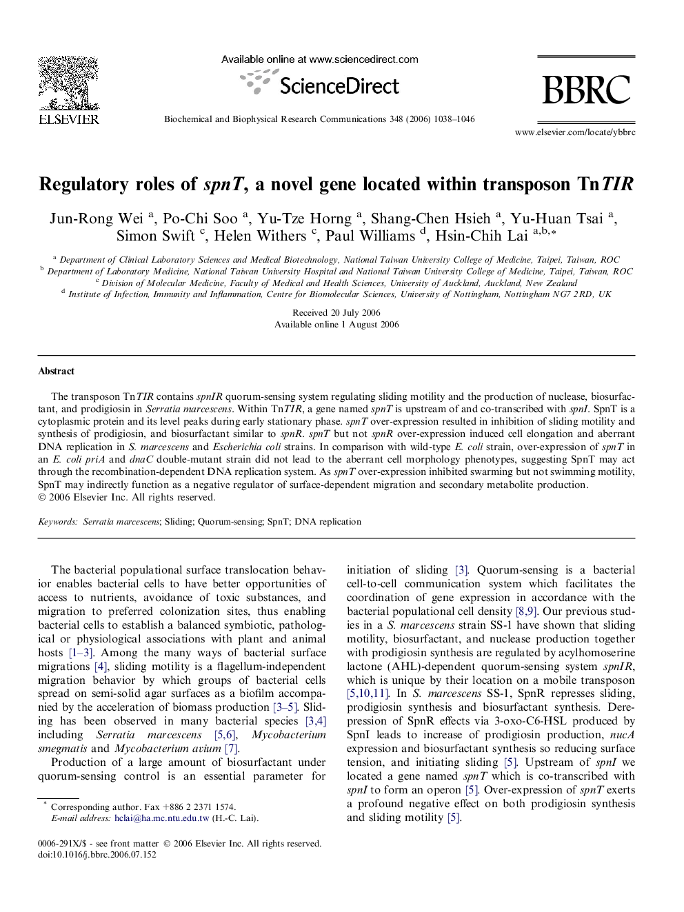 Regulatory roles of spnT, a novel gene located within transposon TnTIR