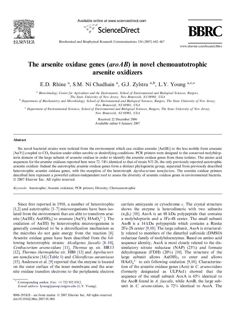 The arsenite oxidase genes (aroAB) in novel chemoautotrophic arsenite oxidizers